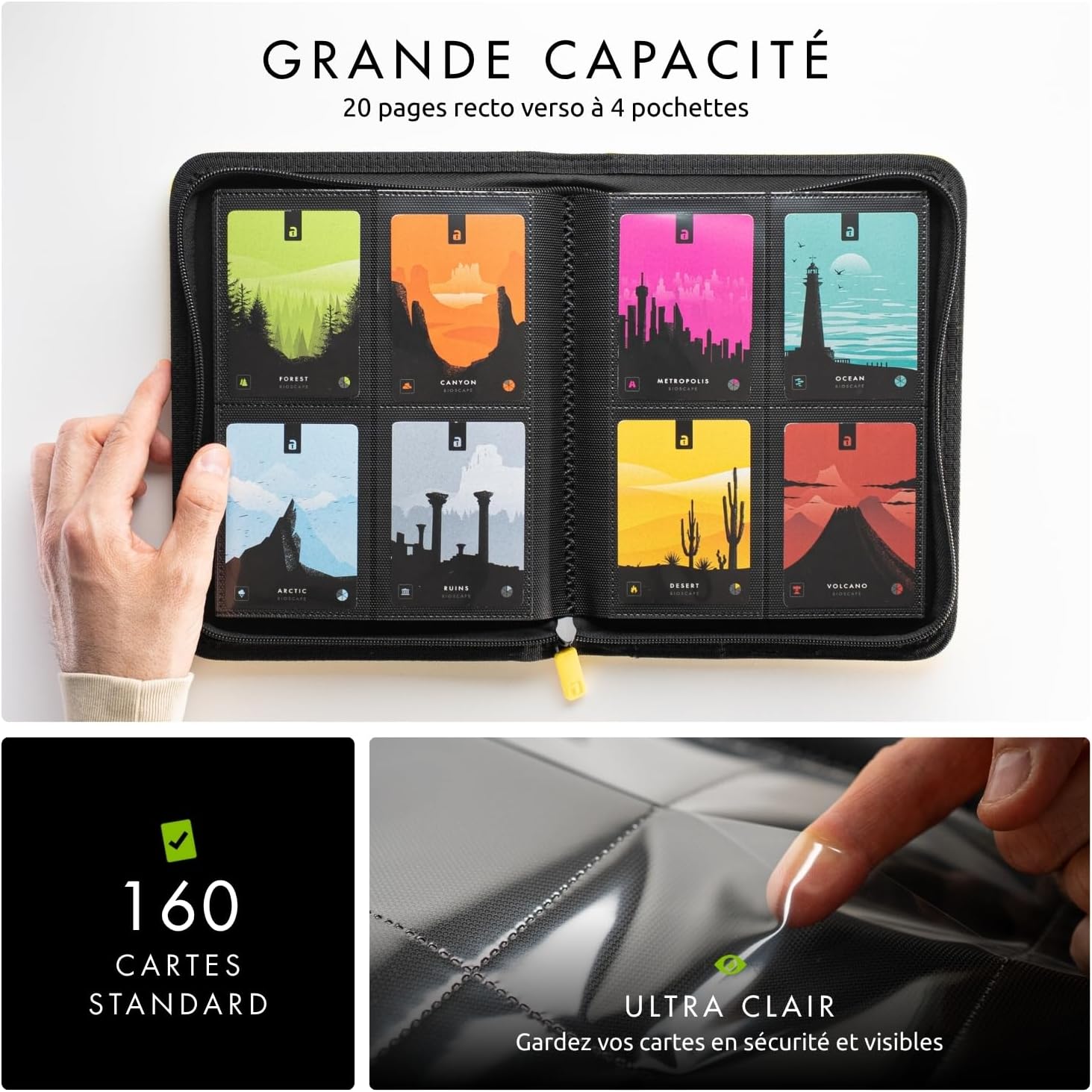Mini classeur Vault X ouvert : 20 pages recto verso à 4 pochettes, 160 cartes