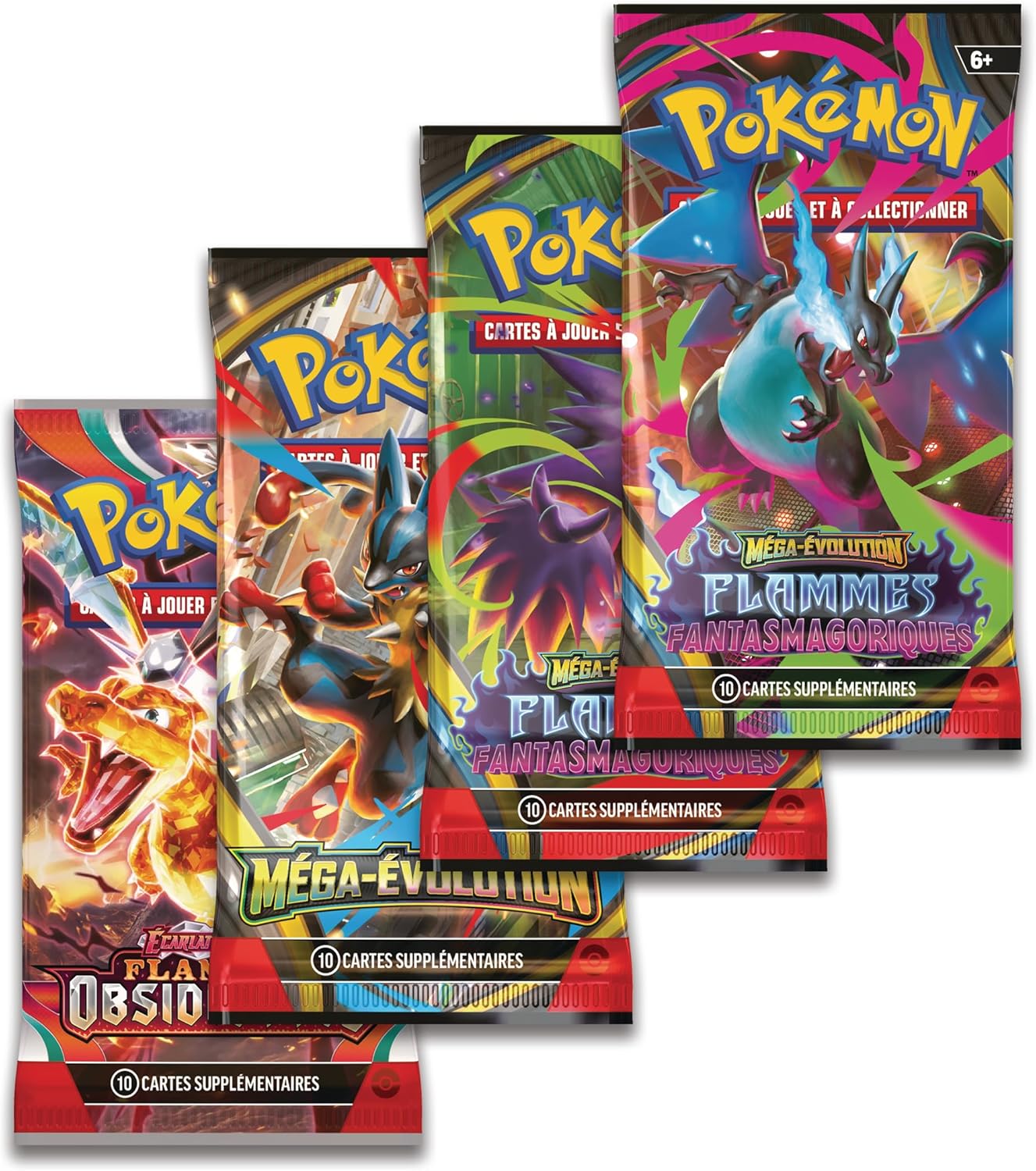 Exemple de boosters : Flammes Obsidiennes, Méga-Évolution et deux Flammes Fantasmagoriques