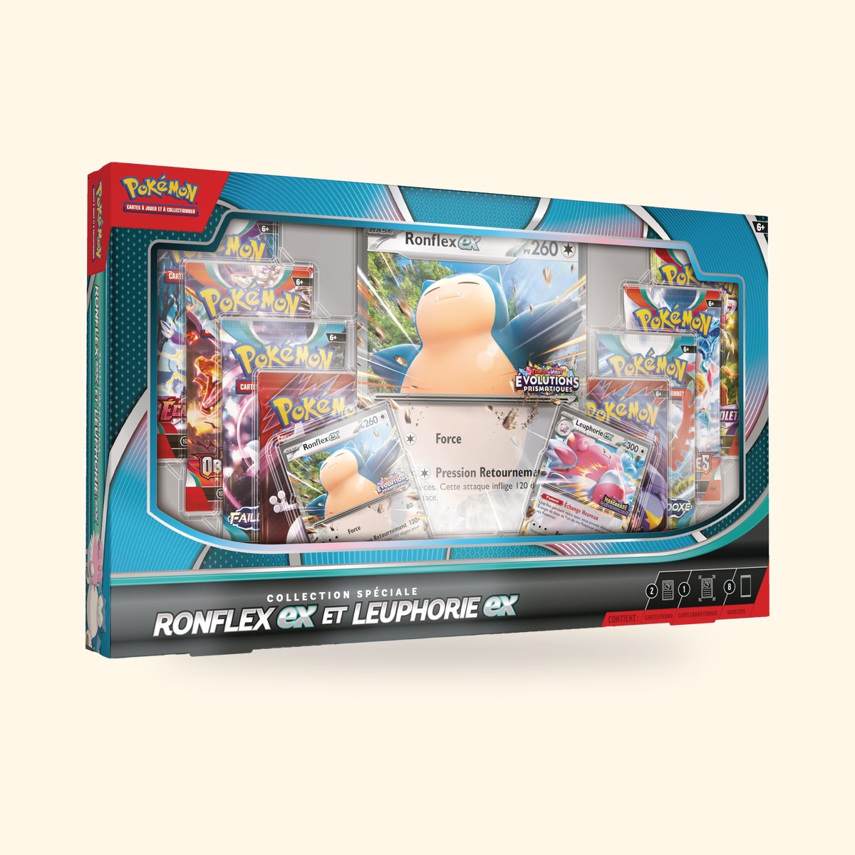 Collection spéciale Pokémon Ronflex-ex et Leuphorie-ex, boosters et cartes en vitrine, sur fond crème