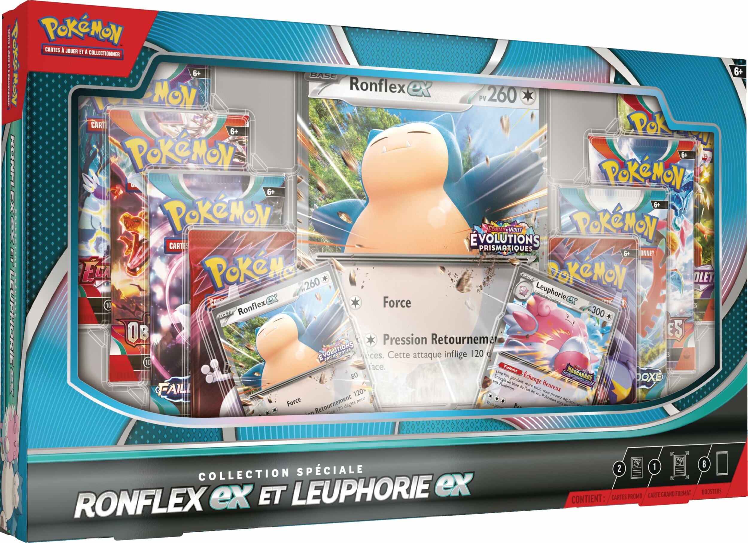 Collection spéciale Ronflex-ex et Leuphorie-ex vue de trois quarts, boosters et cartes en vitrine
