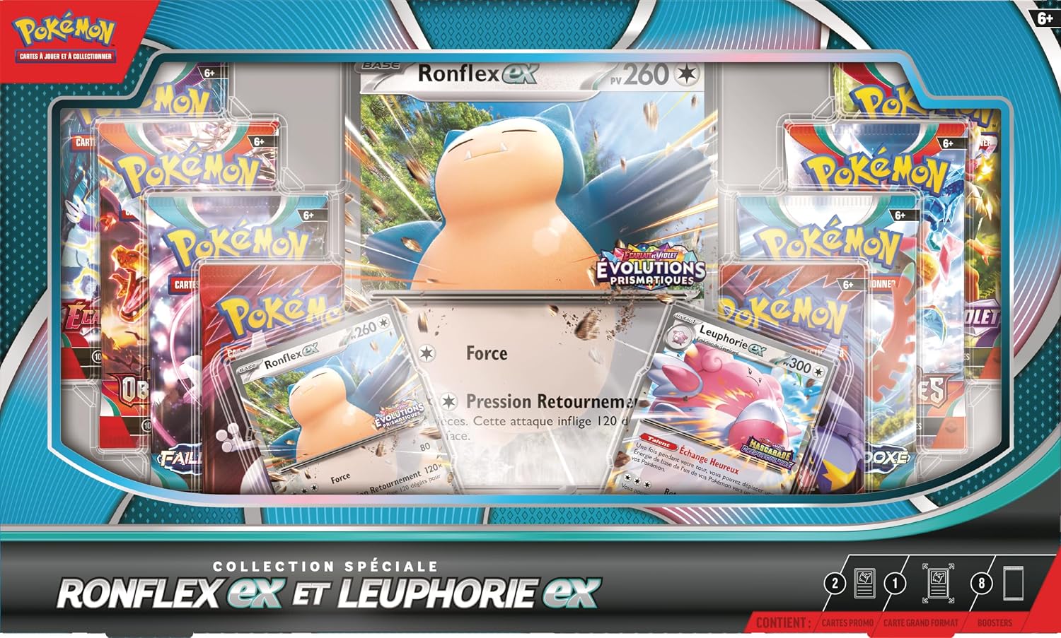 Face avant de la boîte : carte grand format Ronflex-ex au centre, cartes promo et boosters autour