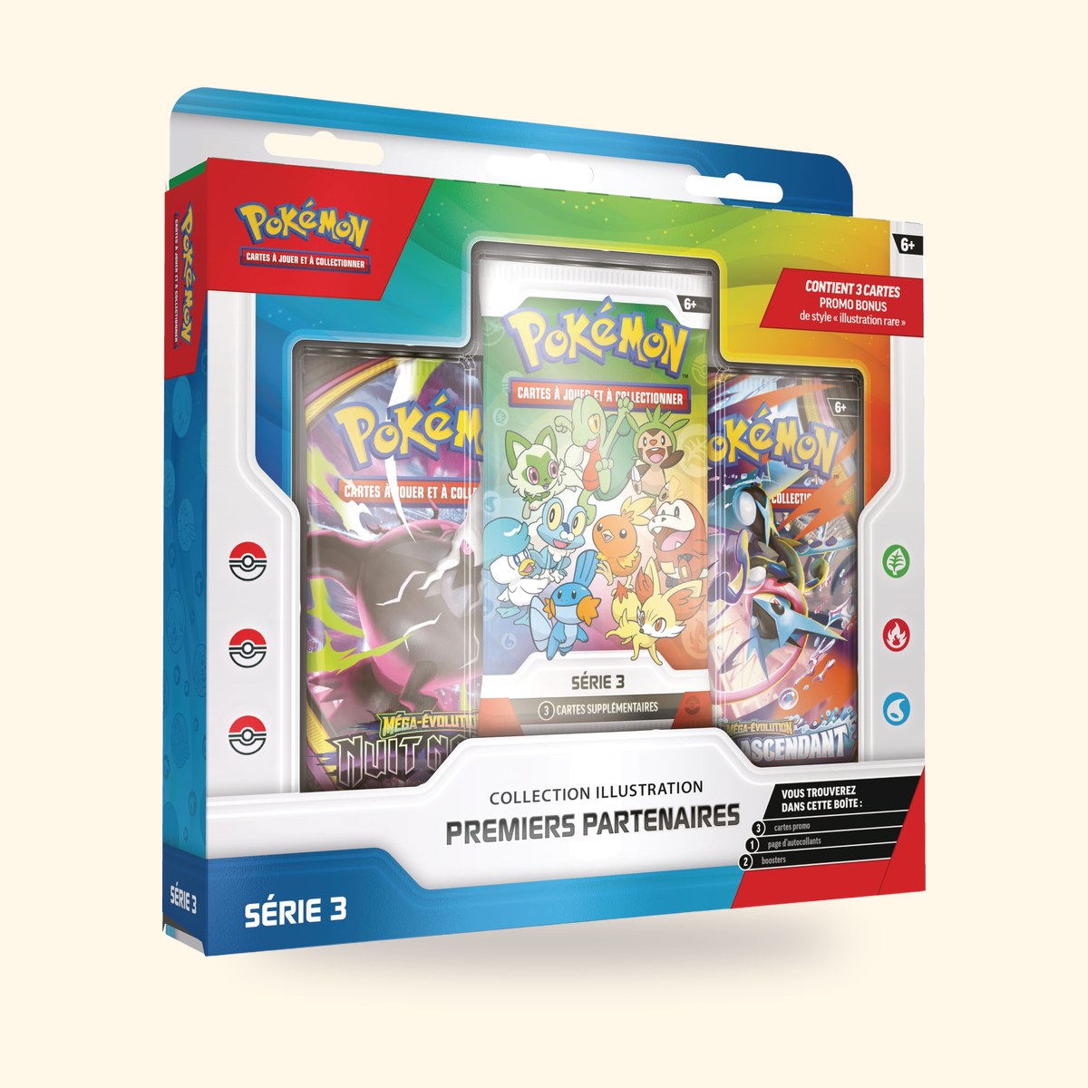 Collection Illustration Premiers Partenaires Série 3 Pokémon, trois boosters en vitrine, sur fond crème