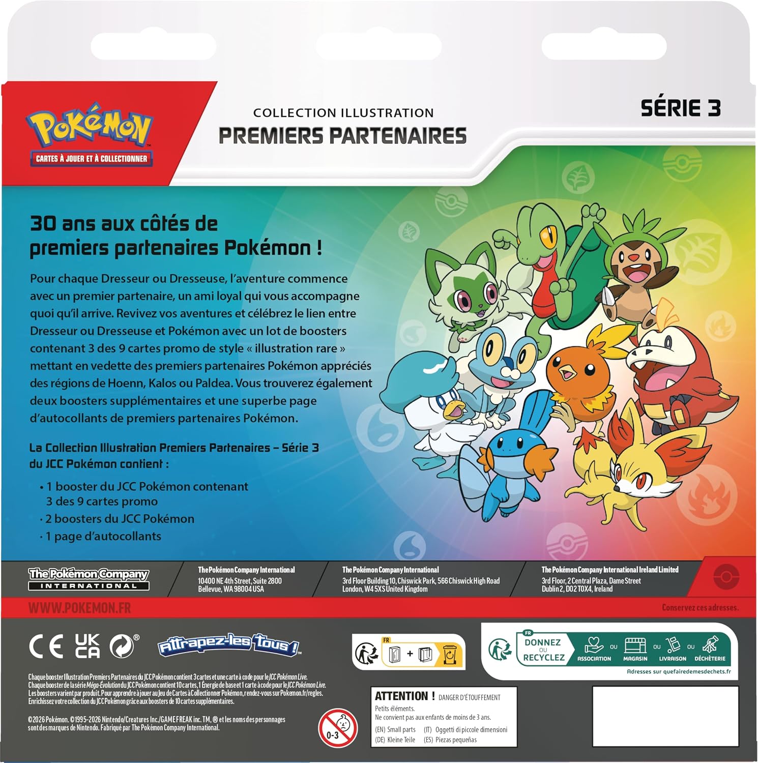 Dos de la boîte : les premiers partenaires de Hoenn, Kalos et Paldea, présentation et contenu