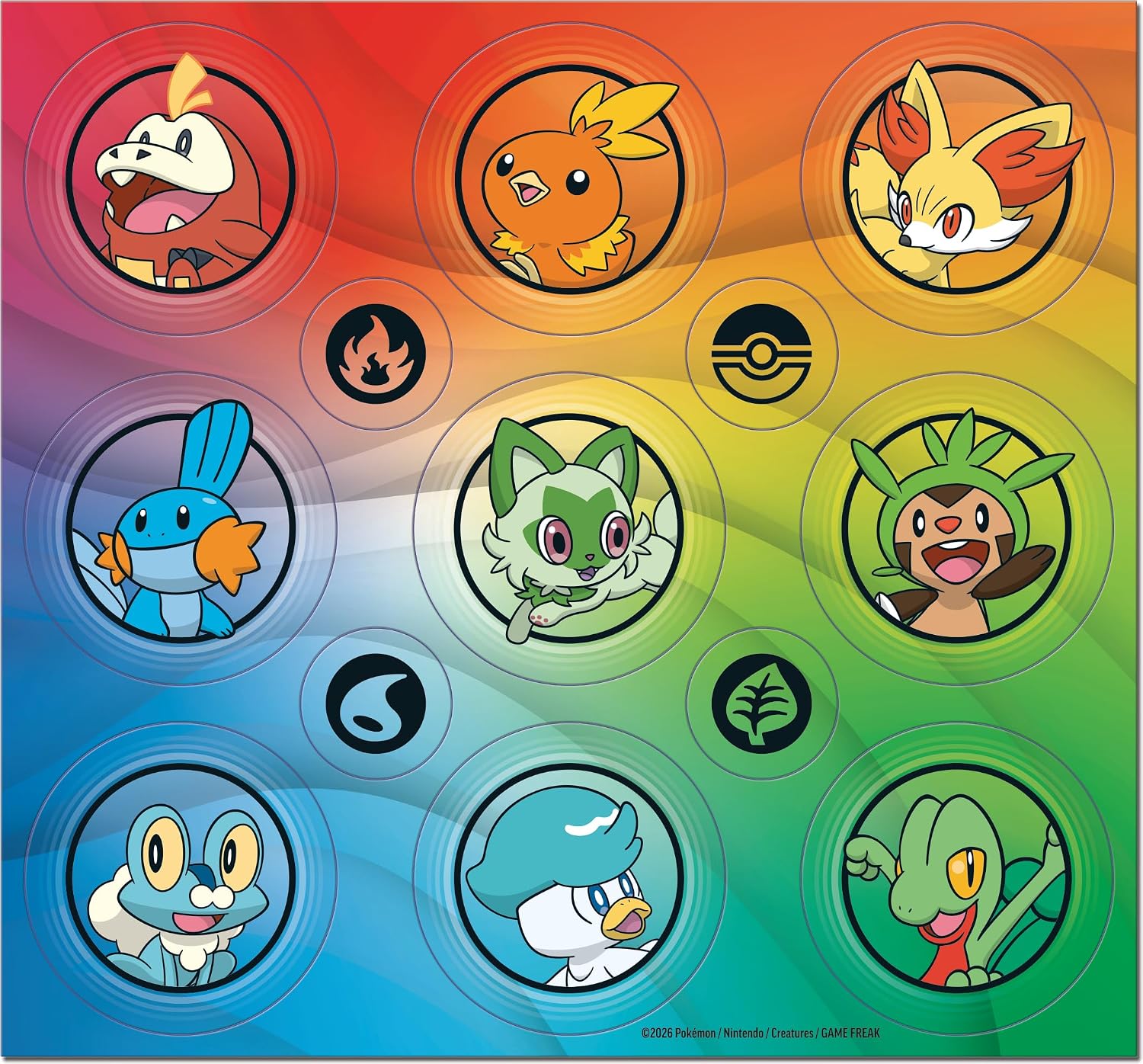 Page de 9 autocollants des premiers partenaires de Hoenn, Kalos et Paldea