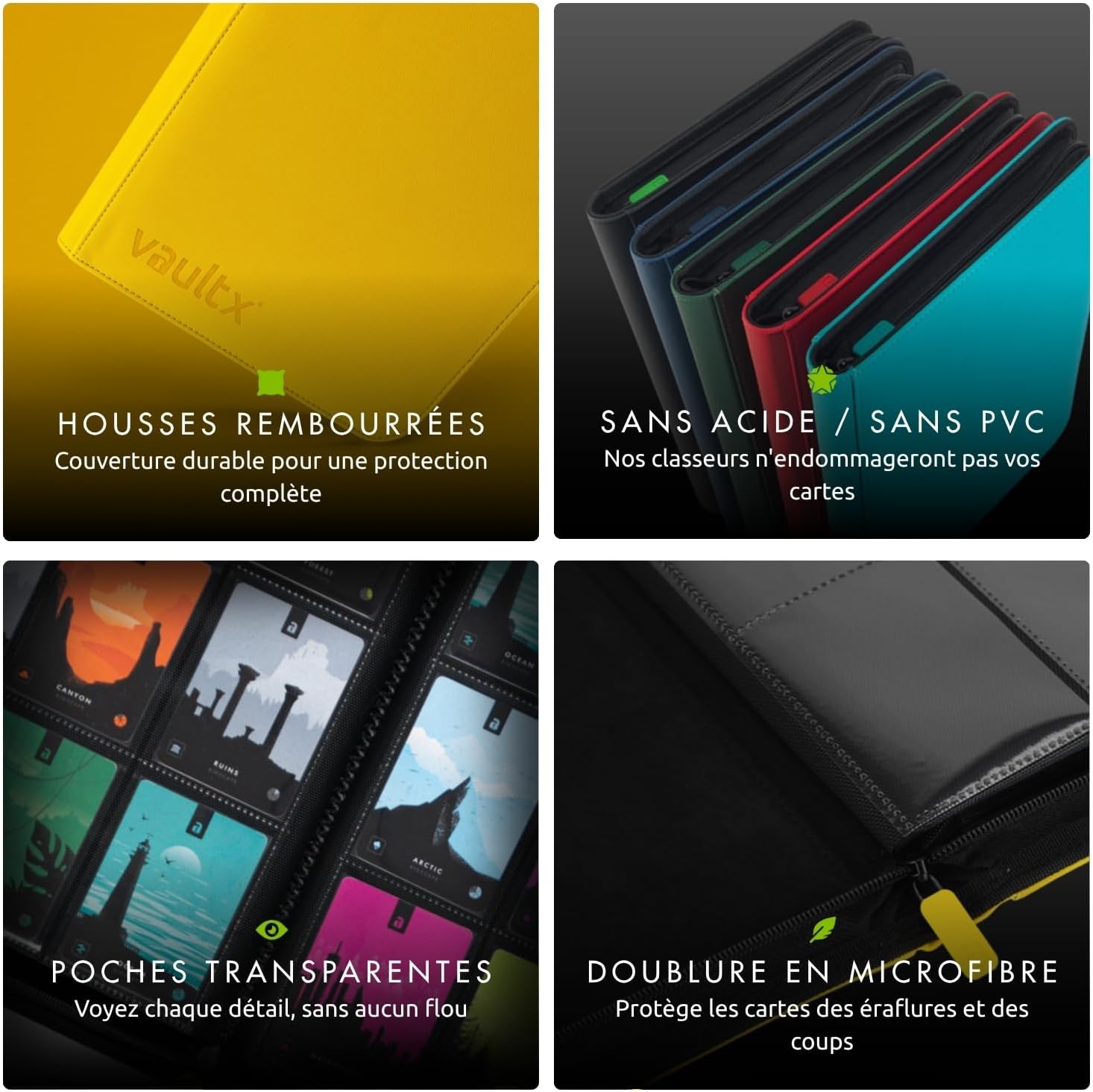 Atouts du classeur Vault X : housse rembourrée, sans acide ni PVC, doublure microfibre