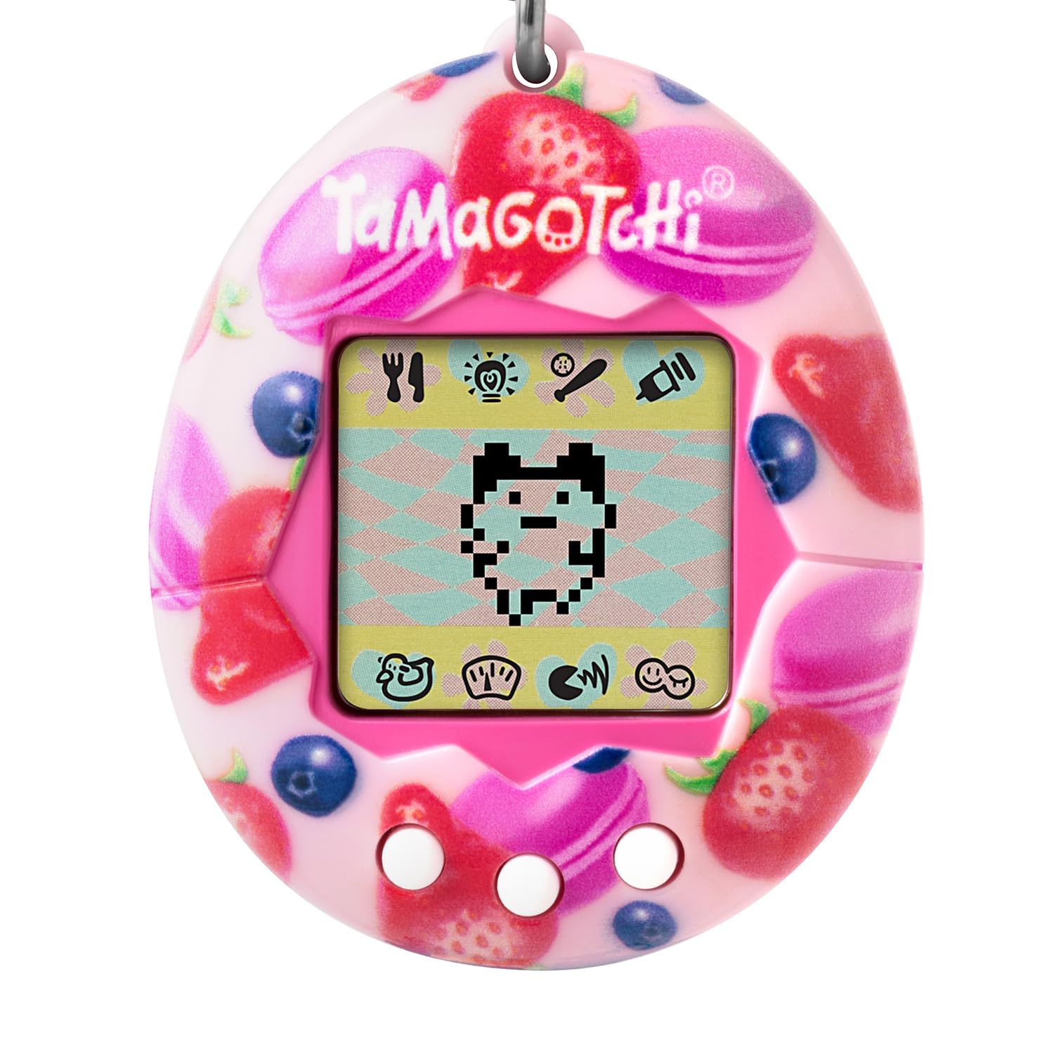 Tamagotchi Original Berry Delicious vu de face, coque rose à fraises, myrtilles et macarons