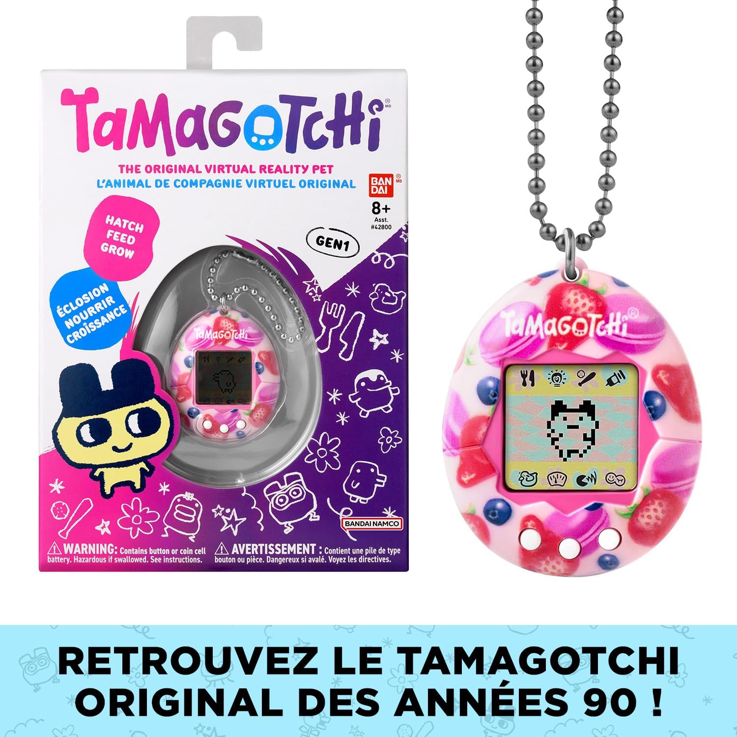 Boîte du Tamagotchi Original GEN1 et lappareil Berry Delicious sur sa chaîne à billes