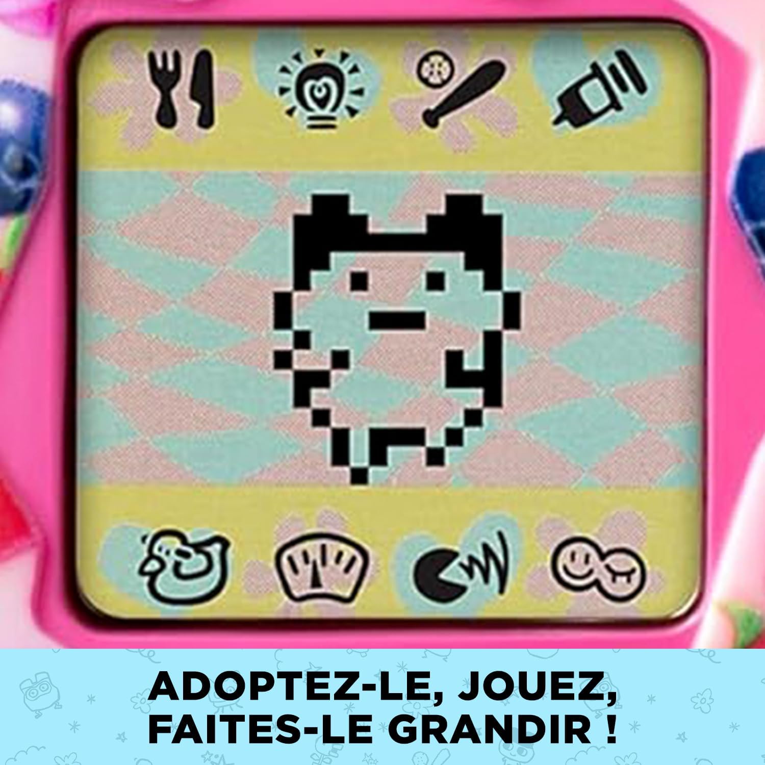 Gros plan sur lécran : icônes de soin et personnage en pixels sur fond en damier