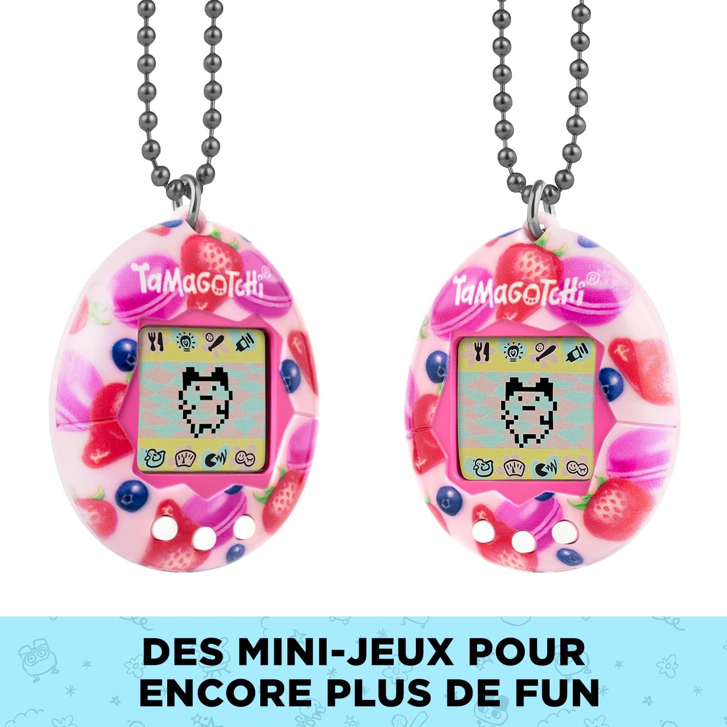 Tamagotchi Berry Delicious vu de face et de trois quarts, suspendu à sa chaîne