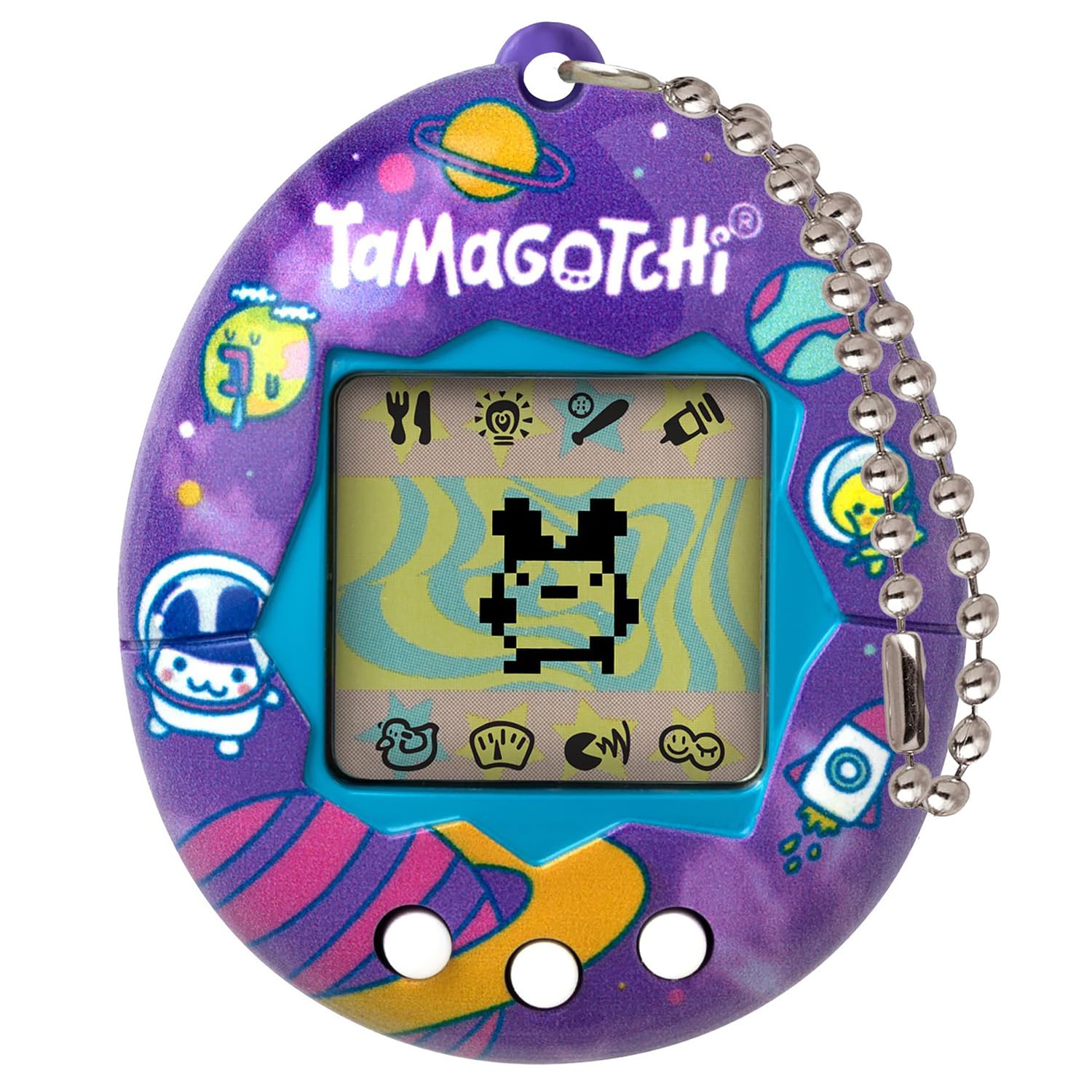 Tamagotchi Original Tama Universe vu de face, coque violette à planètes, astronautes et fusée