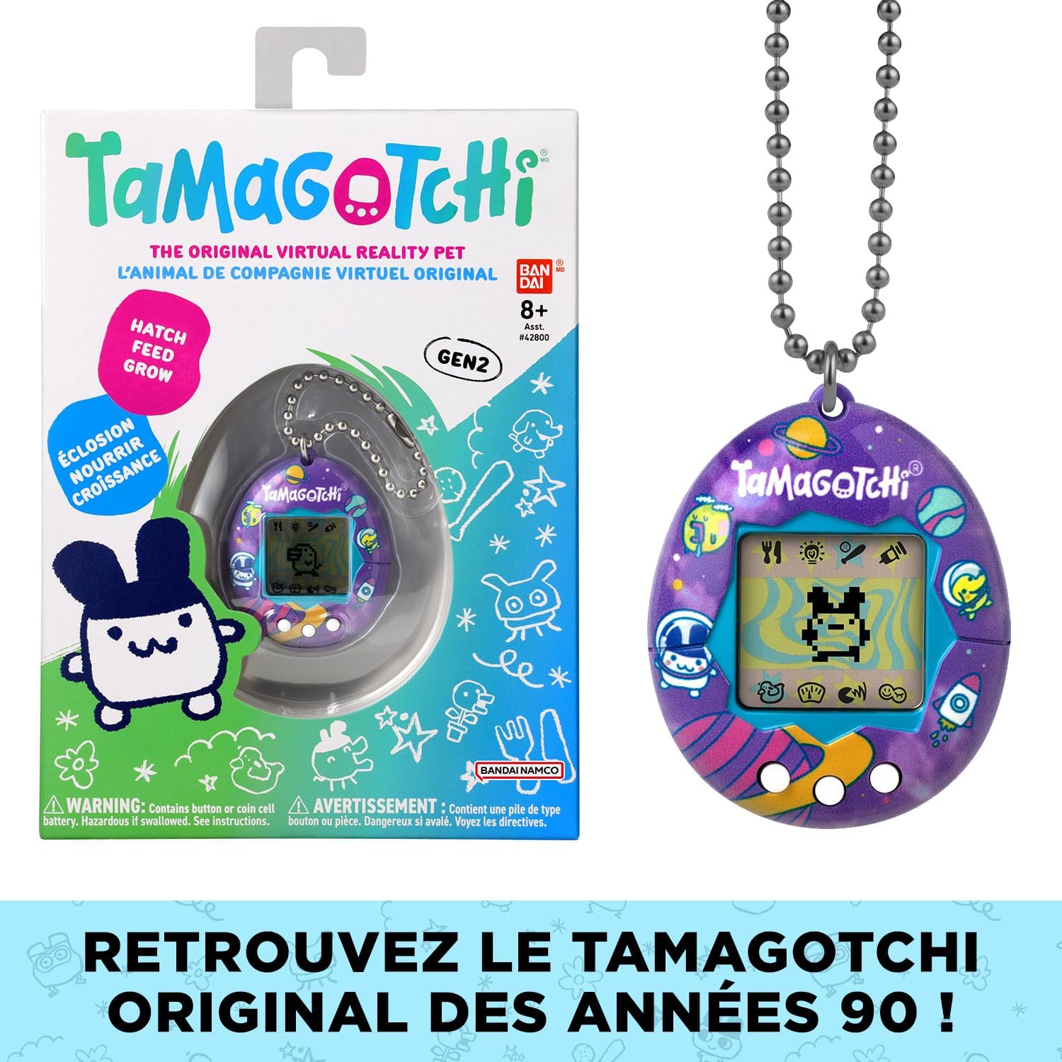 Boîte du Tamagotchi Original GEN2 et lappareil Tama Universe sur sa chaîne à billes