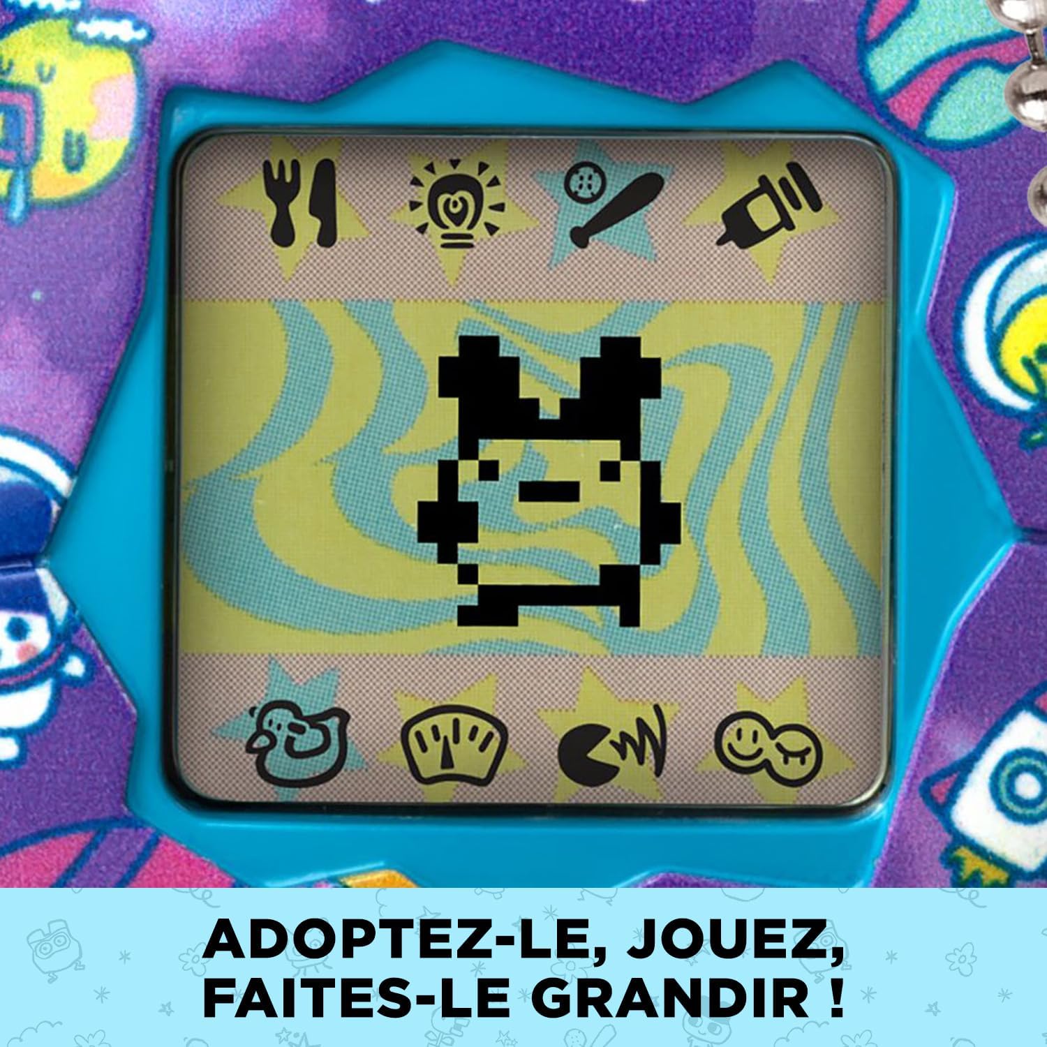 Gros plan sur lécran : icônes de soin et personnage en pixels sur fond à vagues