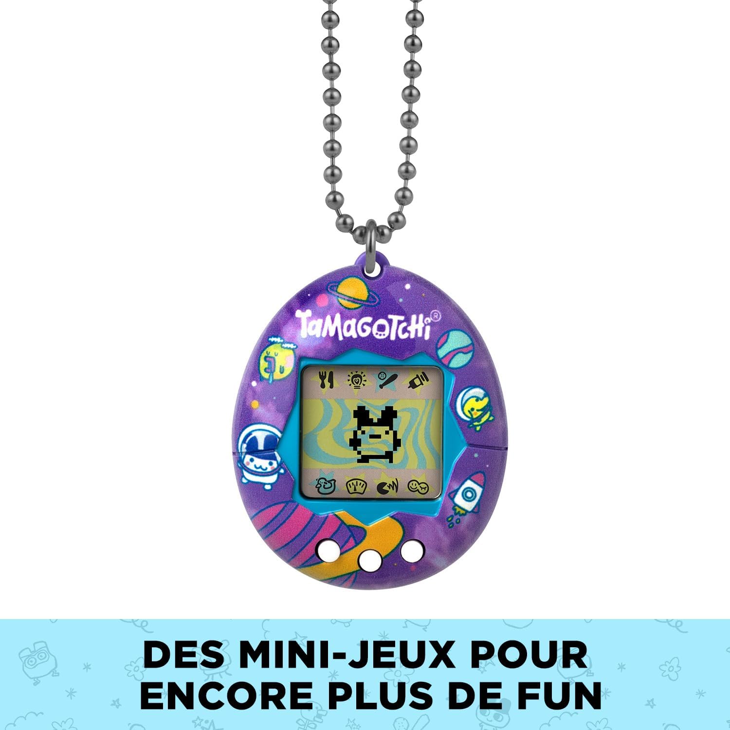 Tamagotchi Tama Universe suspendu à sa chaîne à billes, vu de face