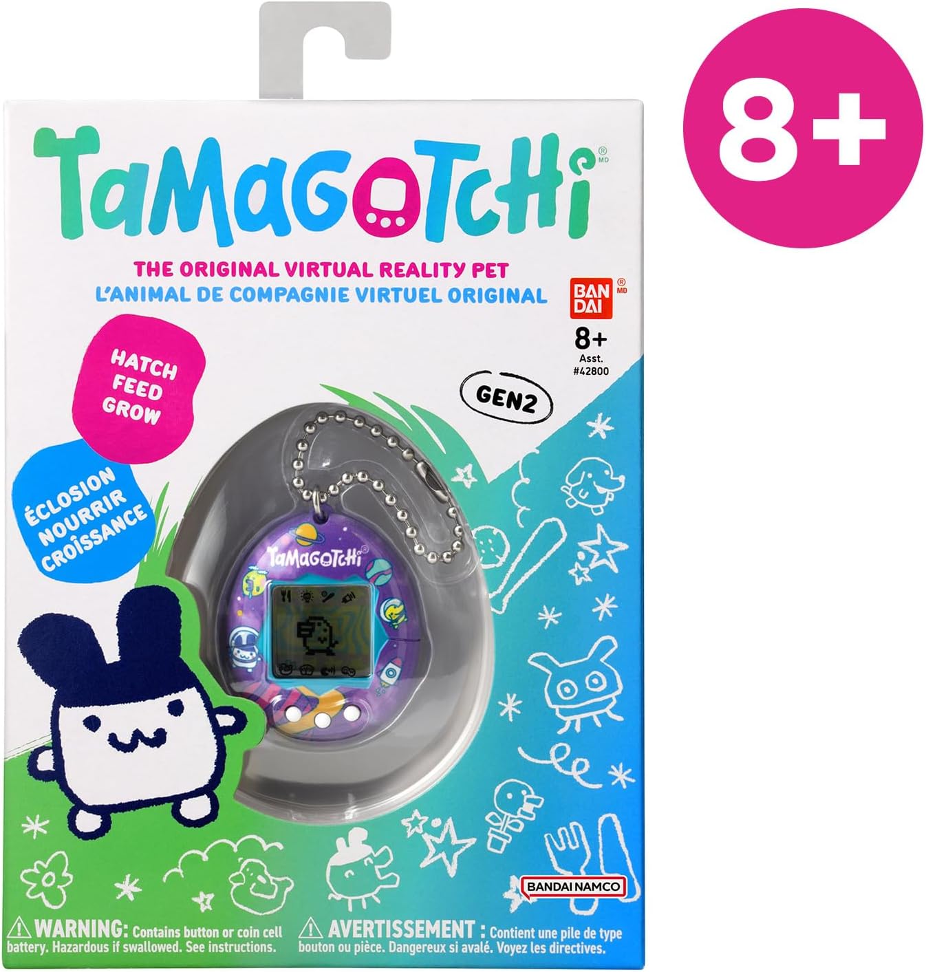 Boîte du Tamagotchi Original Tama Universe vue de trois quarts, avec la mention 8+