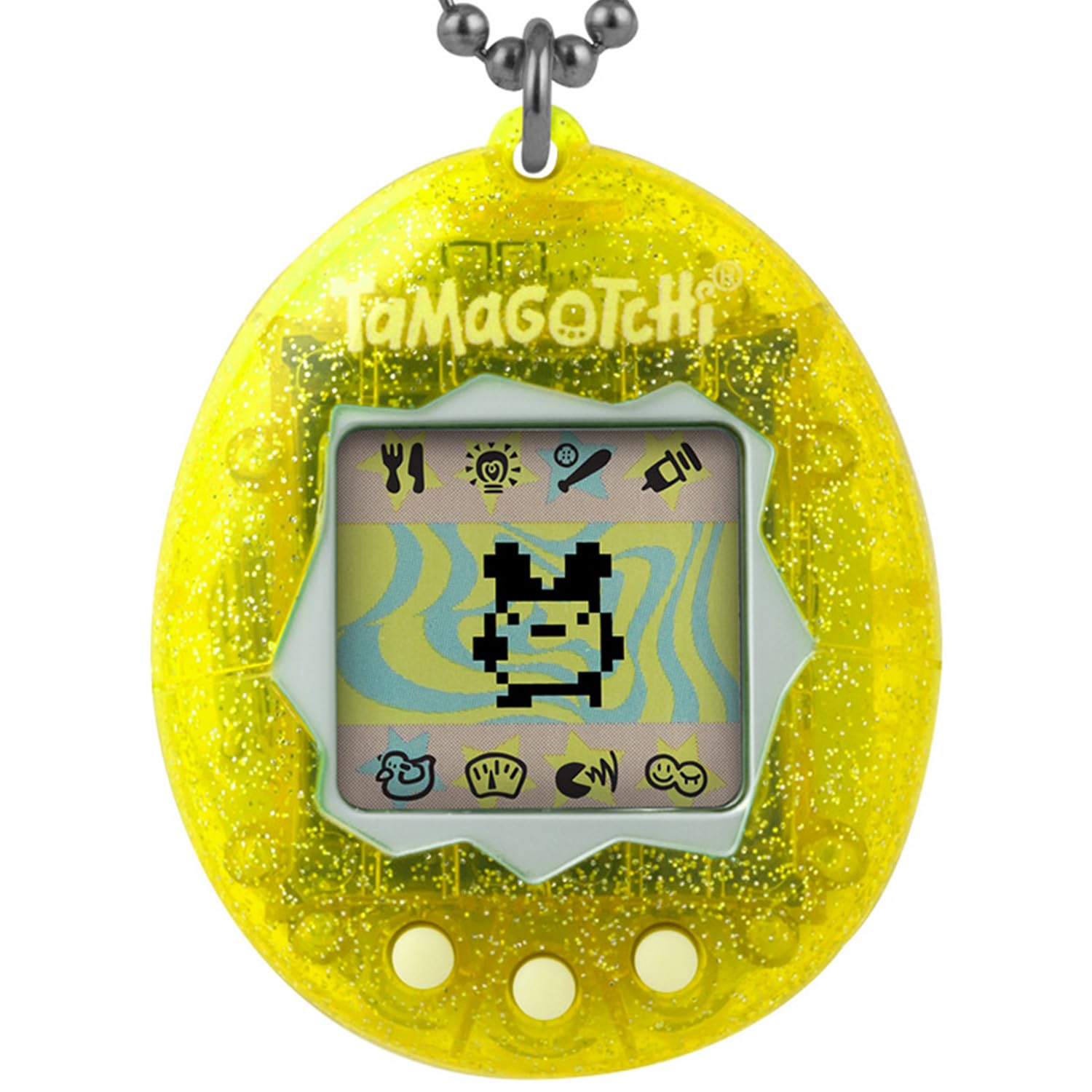 Tamagotchi Original Color Collection Yellow vu de face, coque jaune translucide à paillettes