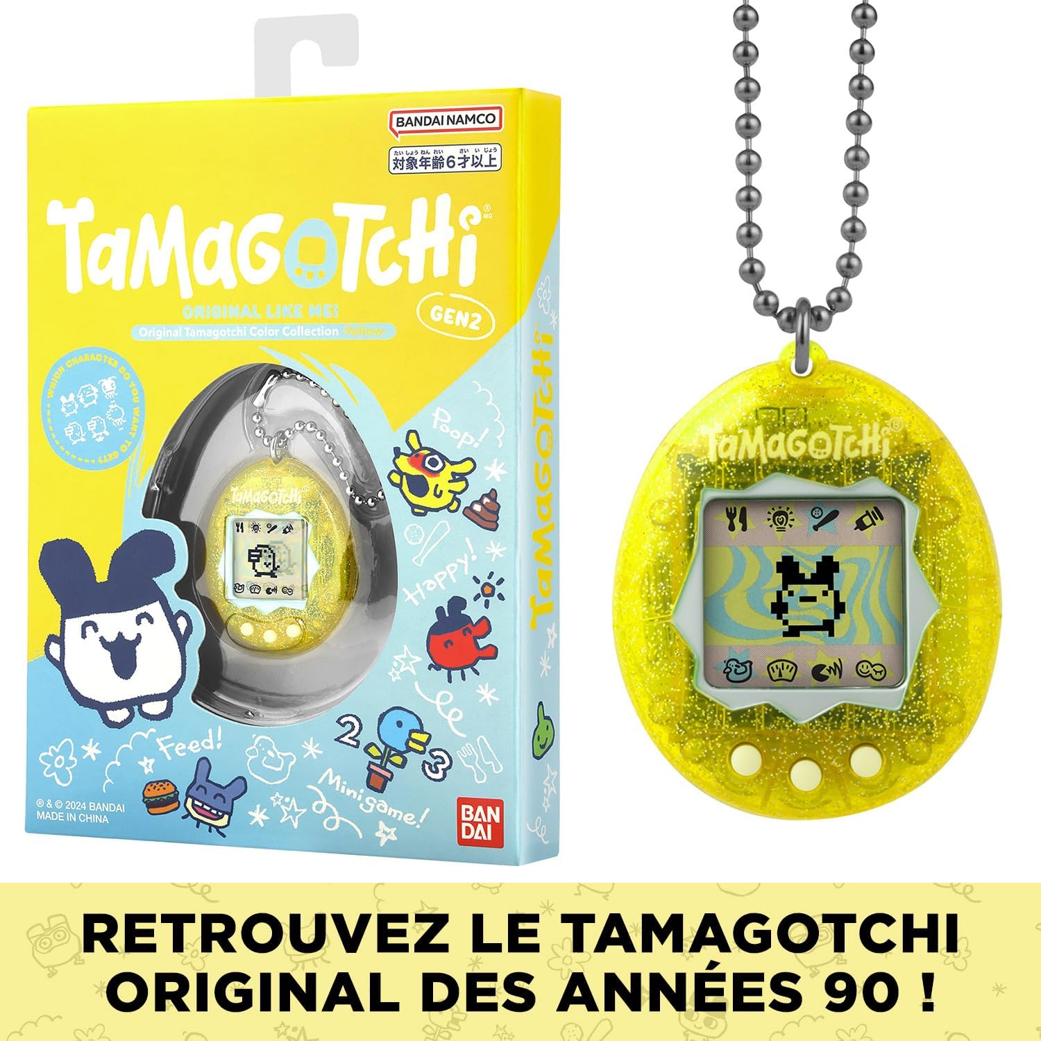 Boîte jaune GEN2 et le Tamagotchi Color Collection Yellow sur sa chaîne à billes