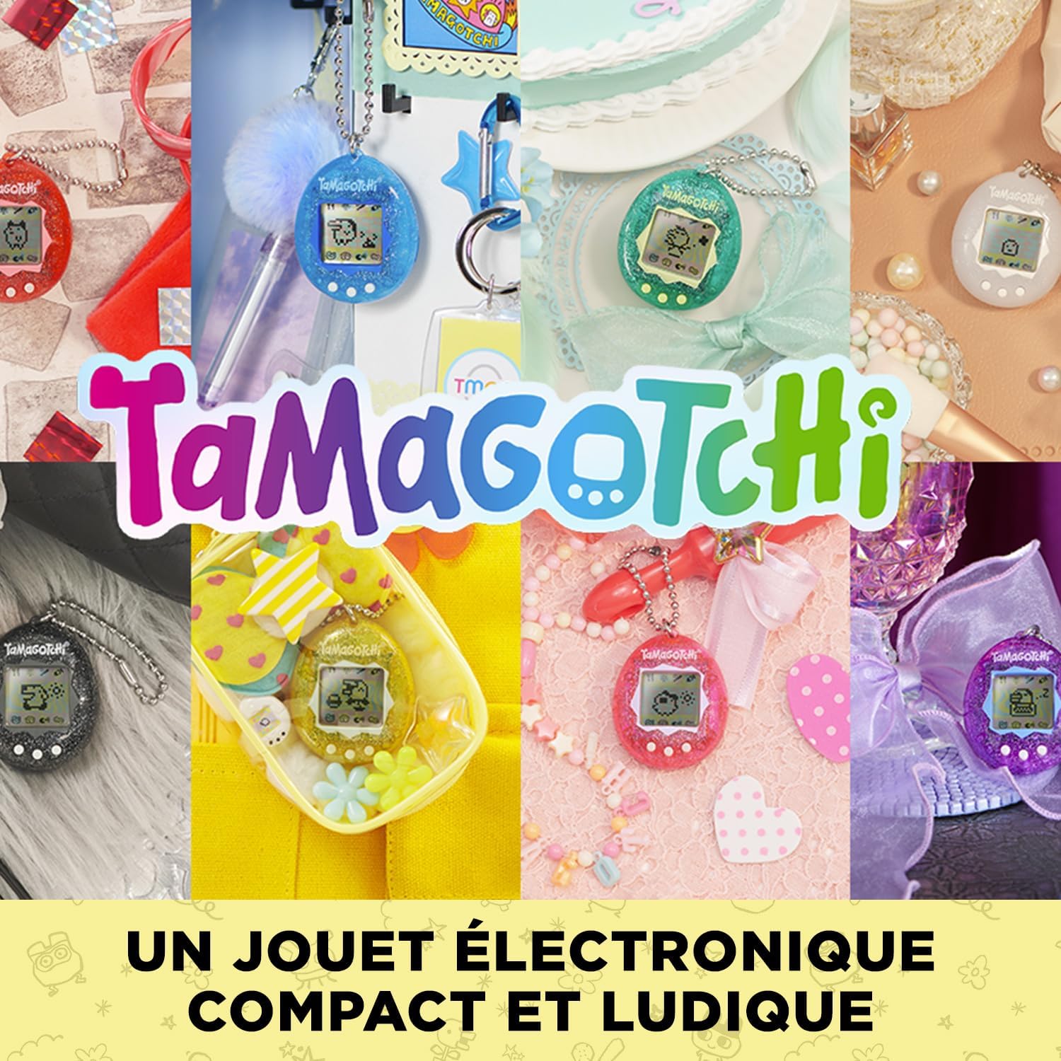 Mosaïque de photos de Tamagotchi Color Collection de plusieurs couleurs autour du logo