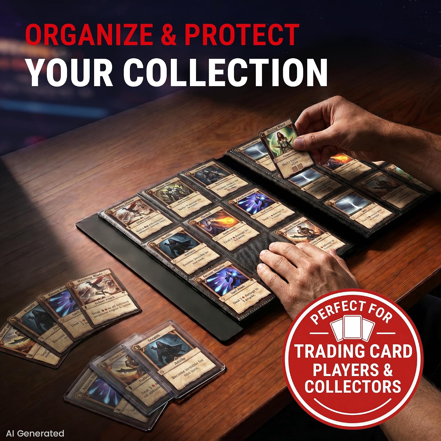 Collectionneur qui range ses cartes dans un classeur Ultra Pro sur une table en bois