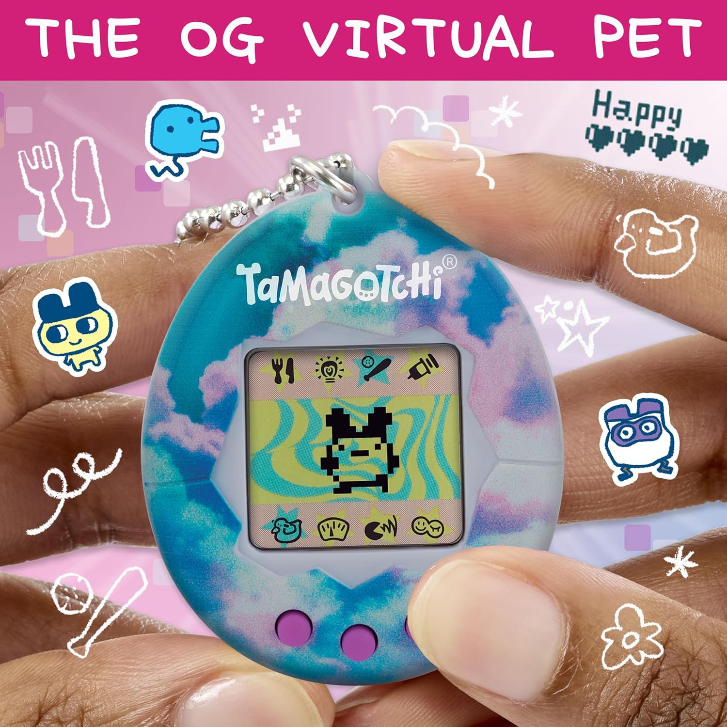 Main tenant le Tamagotchi Sky par sa chaîne, visuel publicitaire en anglais