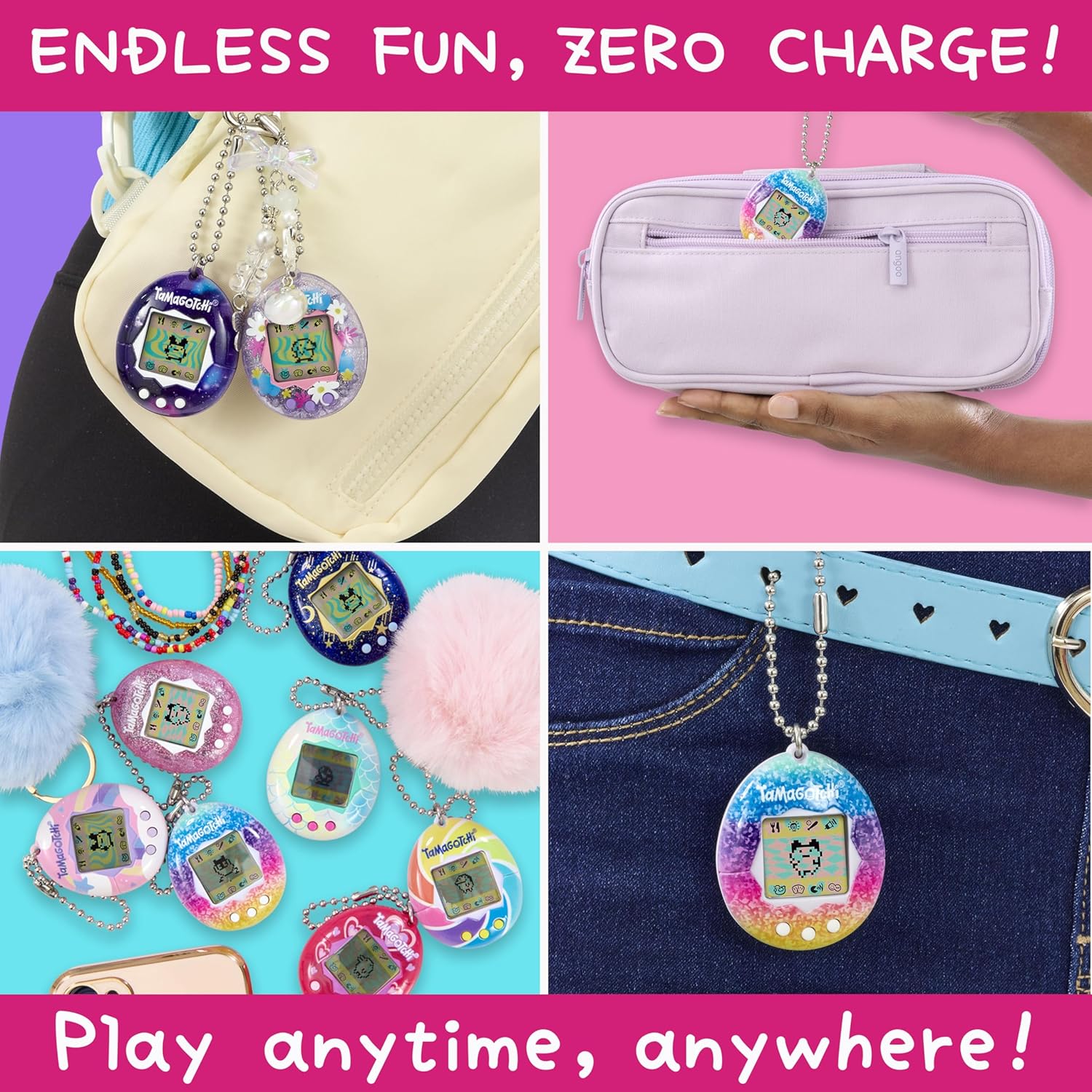 Quatre photos de Tamagotchi Original accrochés à des sacs, une trousse et une ceinture