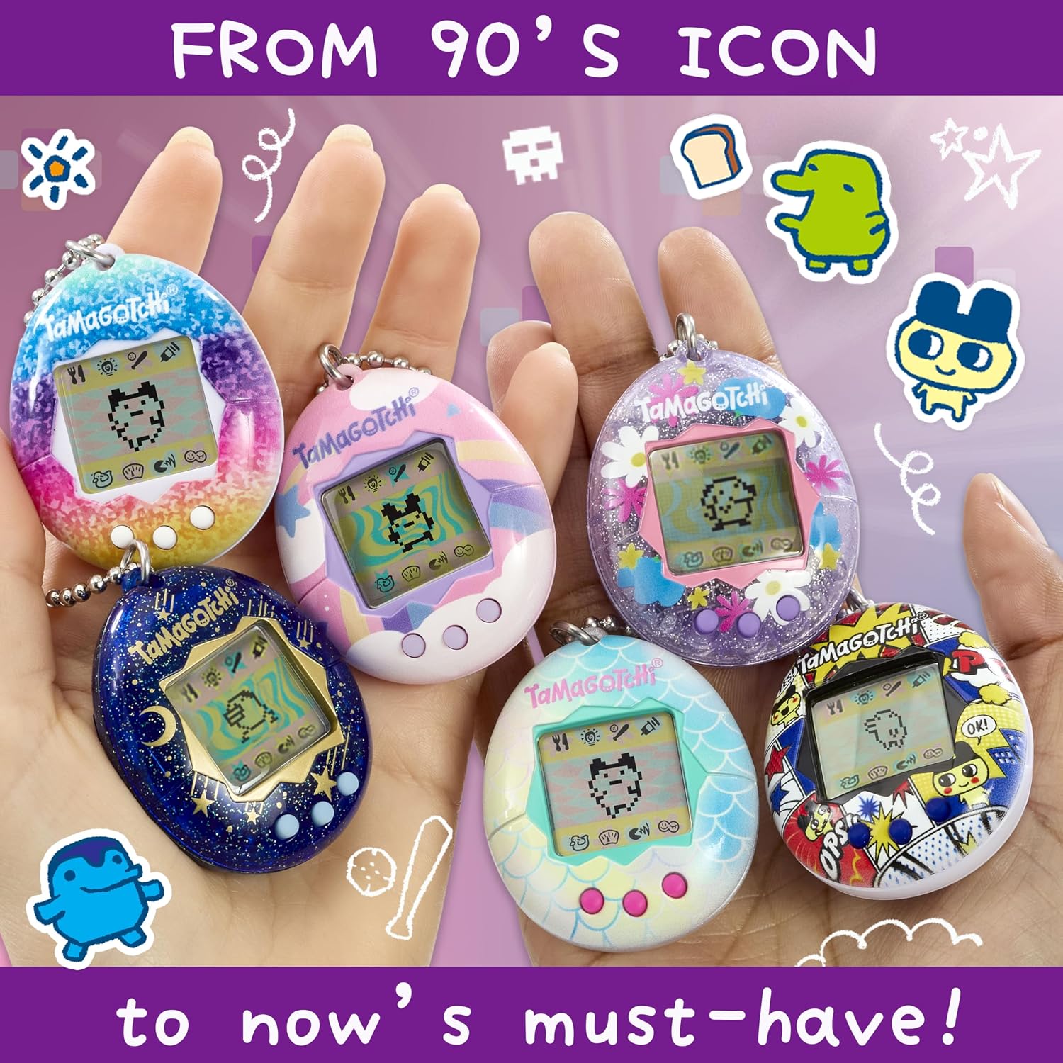 Main tenant six Tamagotchi Original aux coques variées, visuel publicitaire