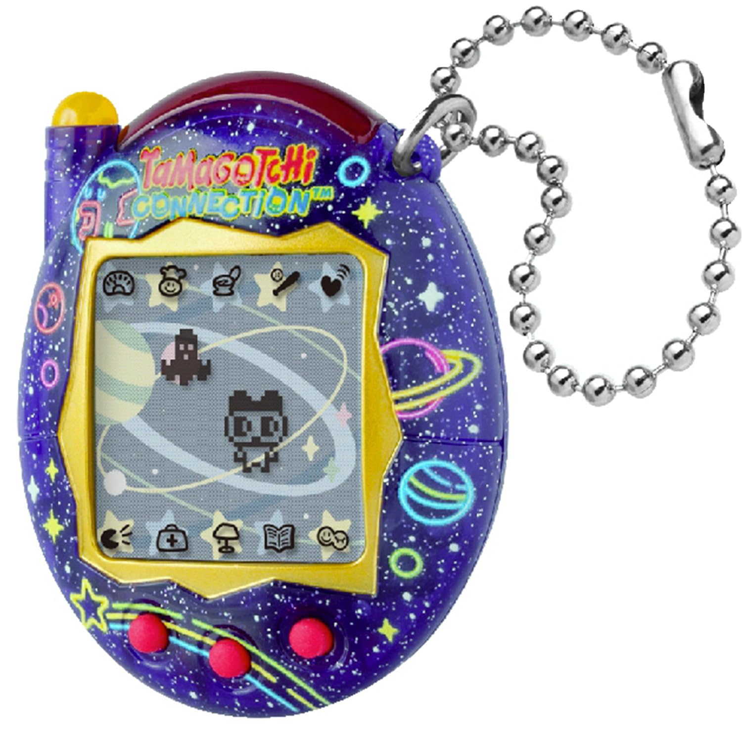 Tamagotchi Connection Neon Planet vu de face avec sa chaîne à billes