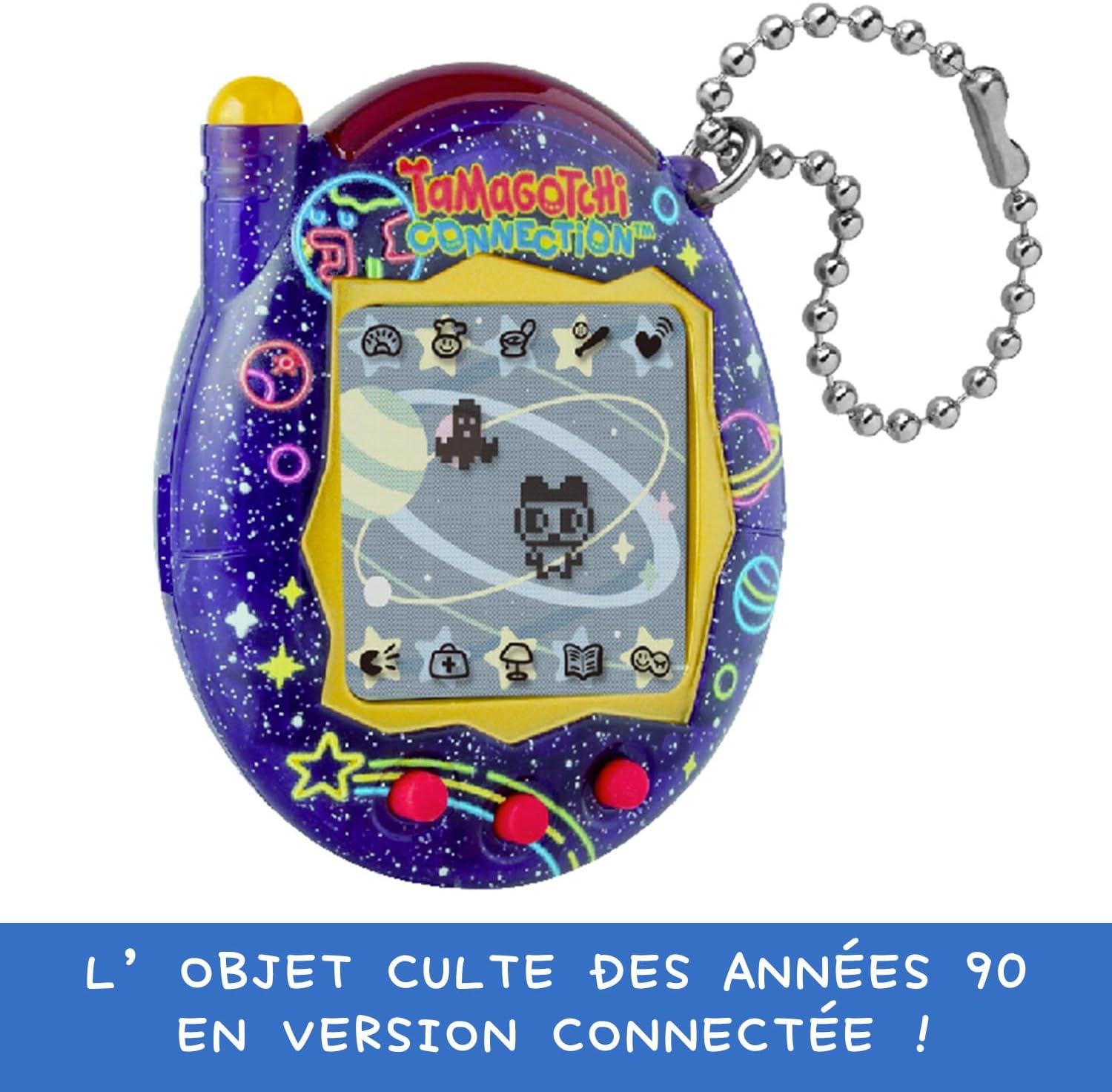 Tamagotchi Connection Neon Planet vu de trois quarts, bandeau publicitaire en français