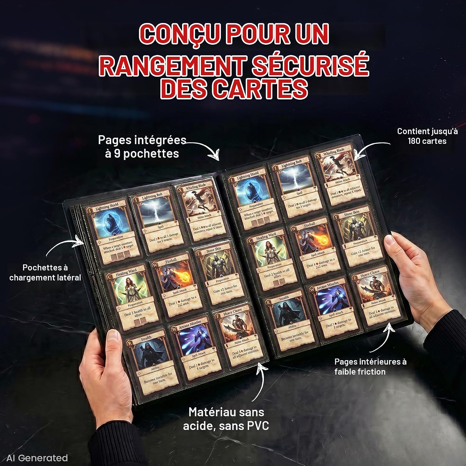 Classeur Ultra Pro ouvert : pages à 9 pochettes à chargement latéral, 180 cartes
