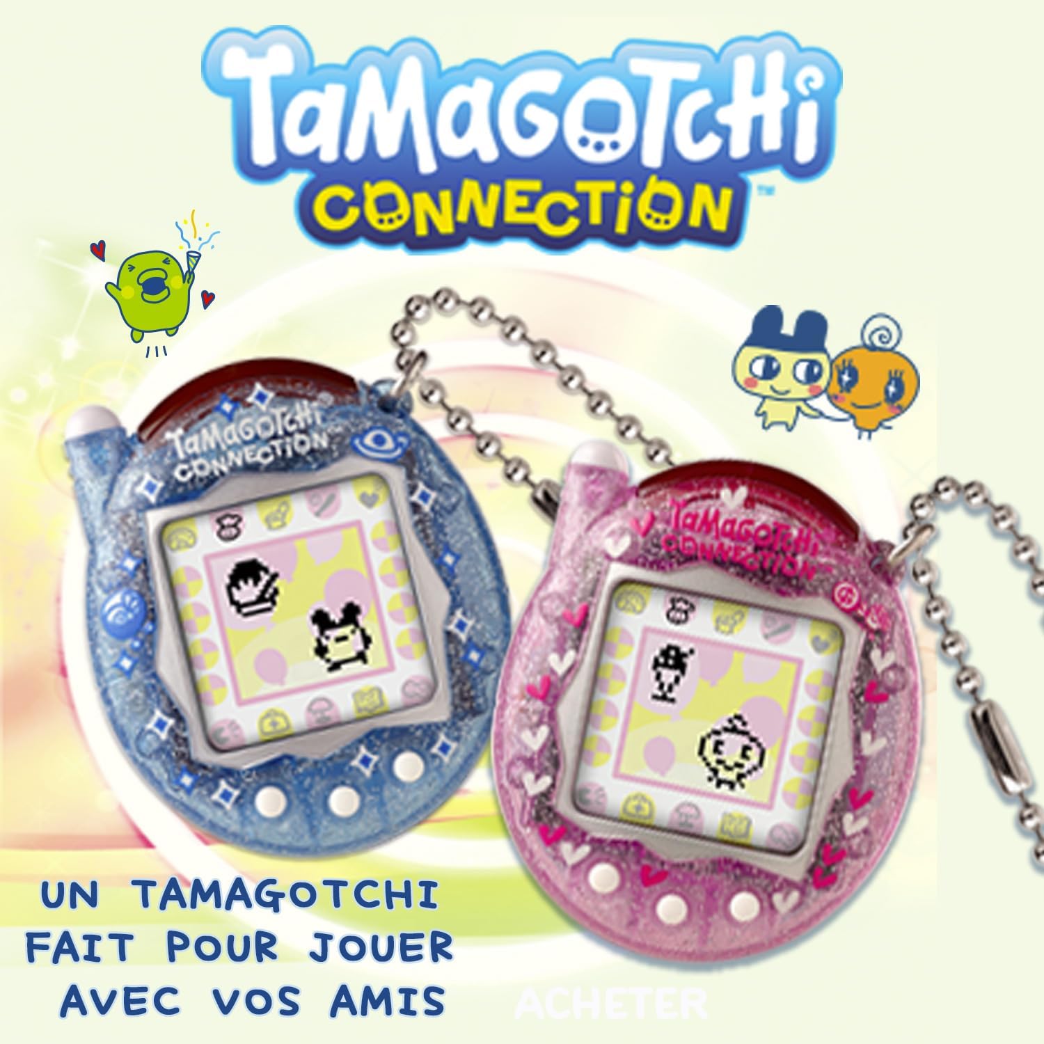 Visuel avec deux Tamagotchi Connection, bleu et rose, et des personnages de la série