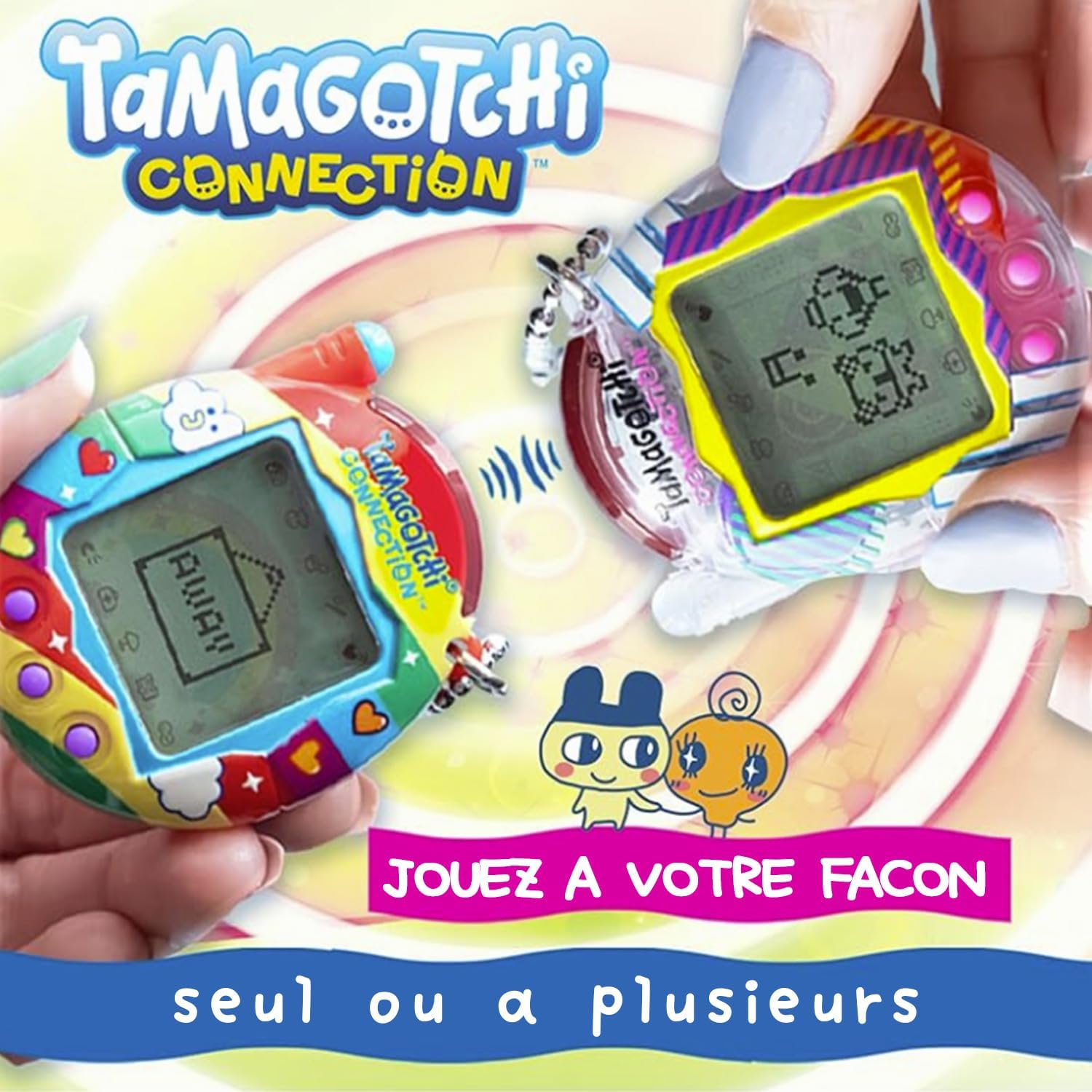 Deux Tamagotchi Connection qui se connectent par infrarouge, visuel publicitaire