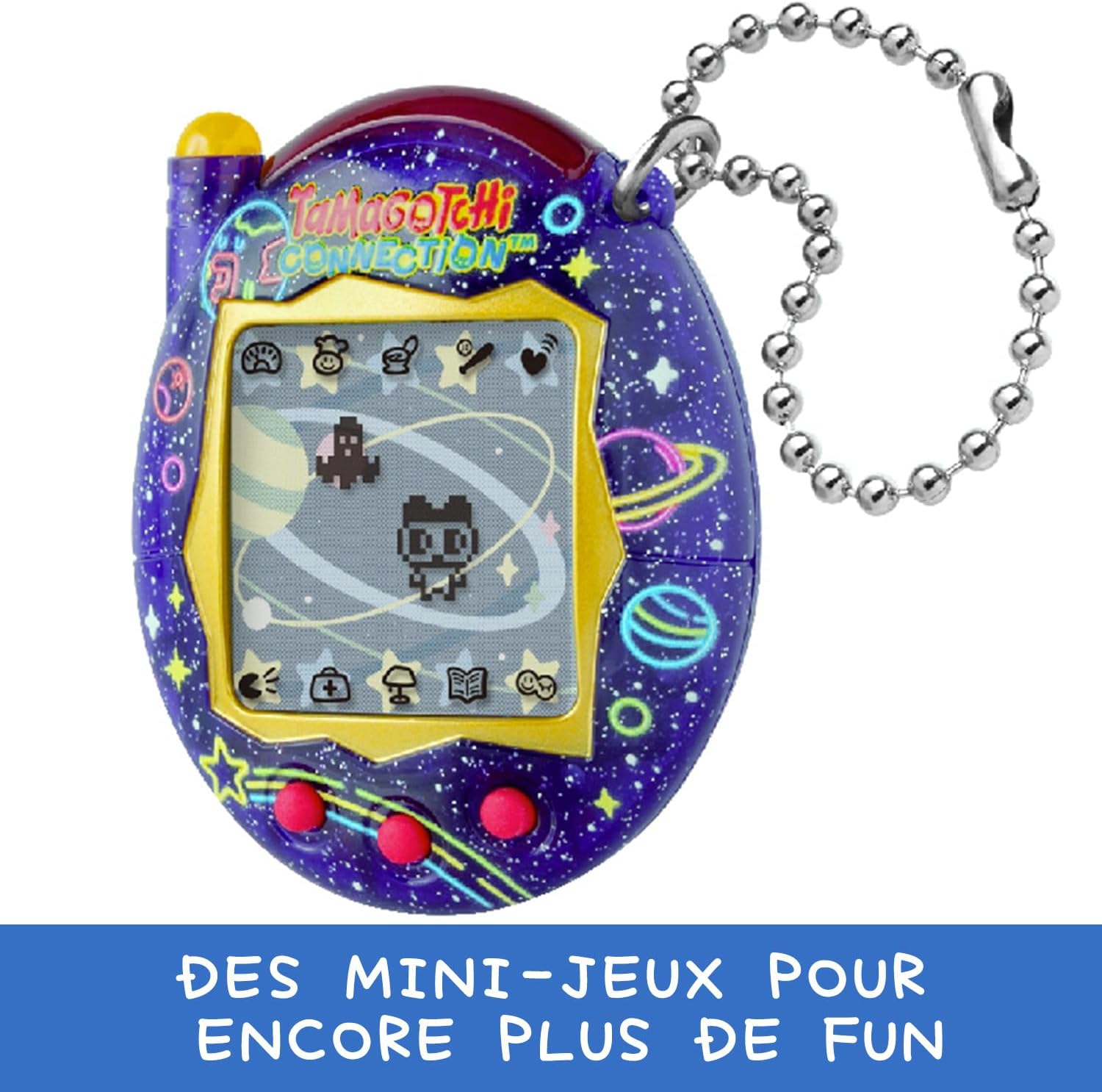 Tamagotchi Connection Neon Planet vu de face, bandeau sur les mini-jeux