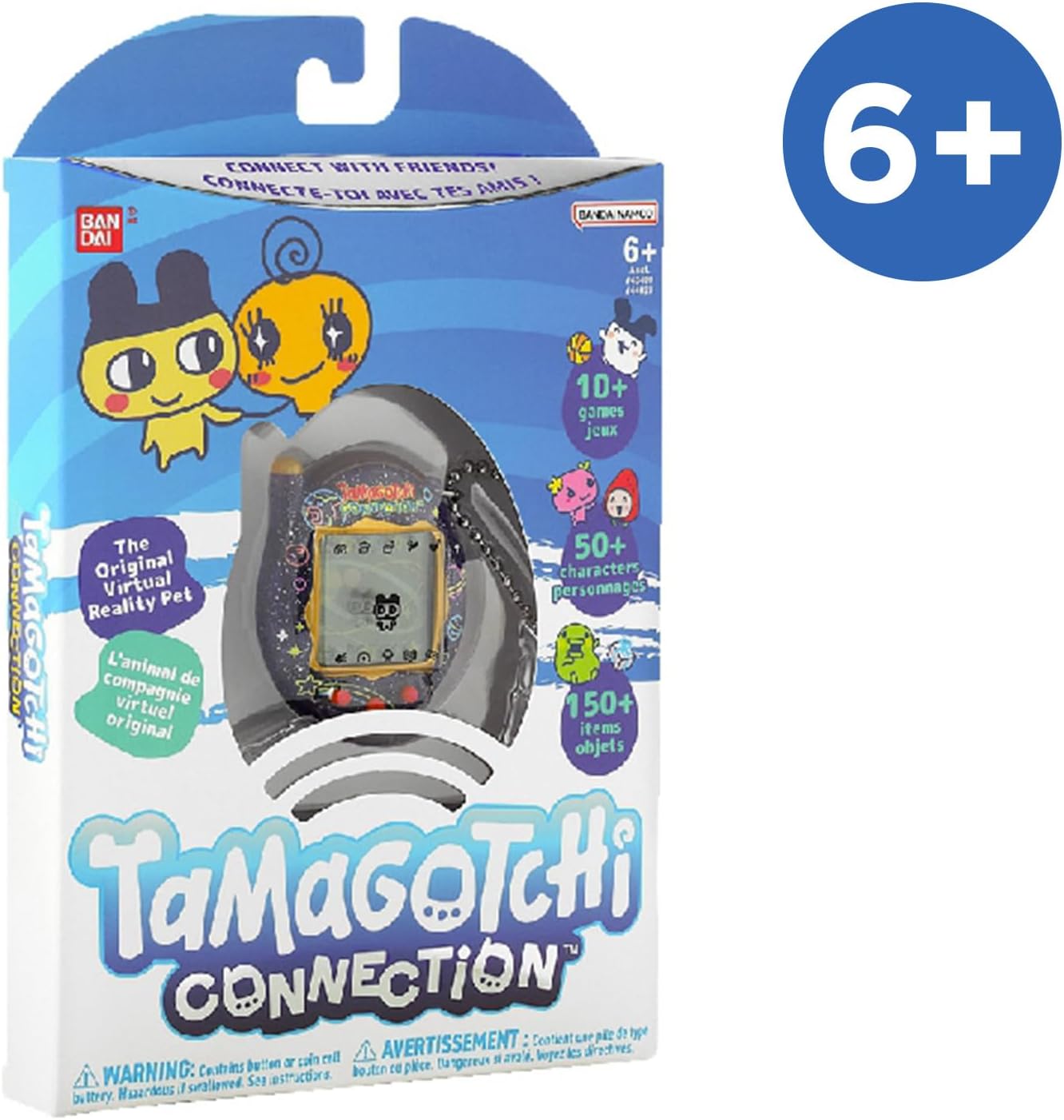 Boîte bilingue anglais et français de la Tamagotchi Connection, badge 6+