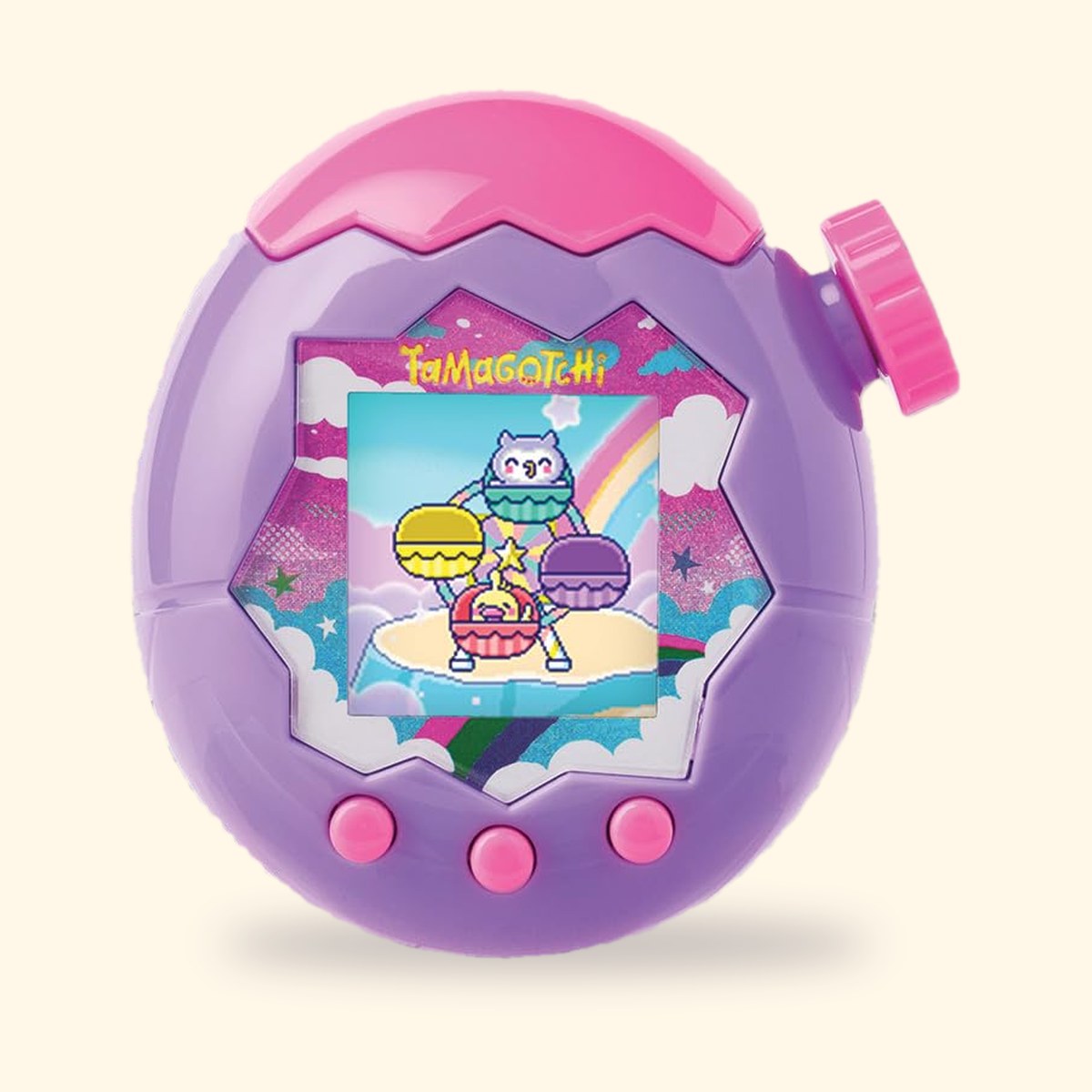 Tamagotchi Paradise Ciel violet, appareil violet à sommet rose et molette de zoom, sur fond crème