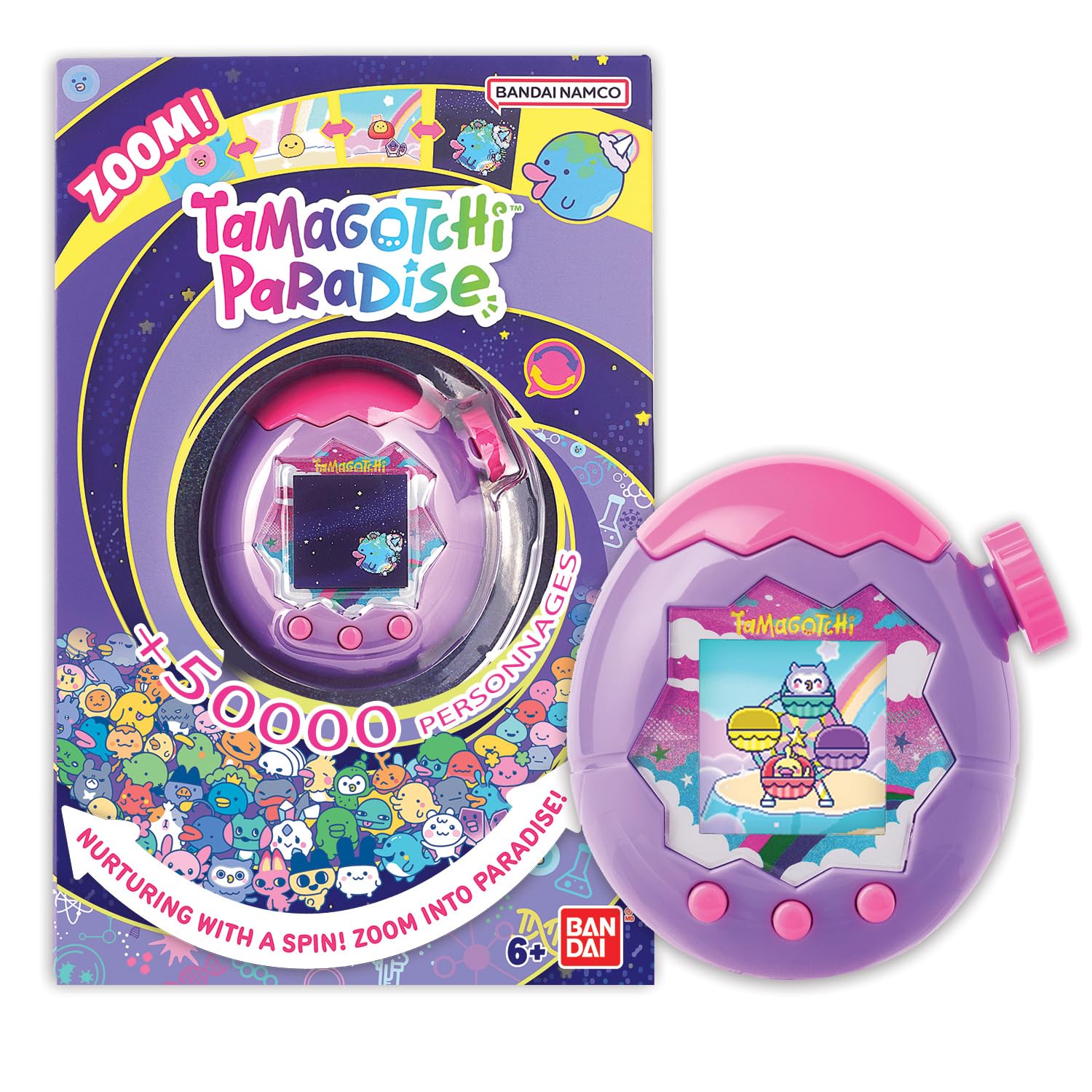 Boîte du Tamagotchi Paradise et lappareil Ciel violet, violet et rose, posé à côté