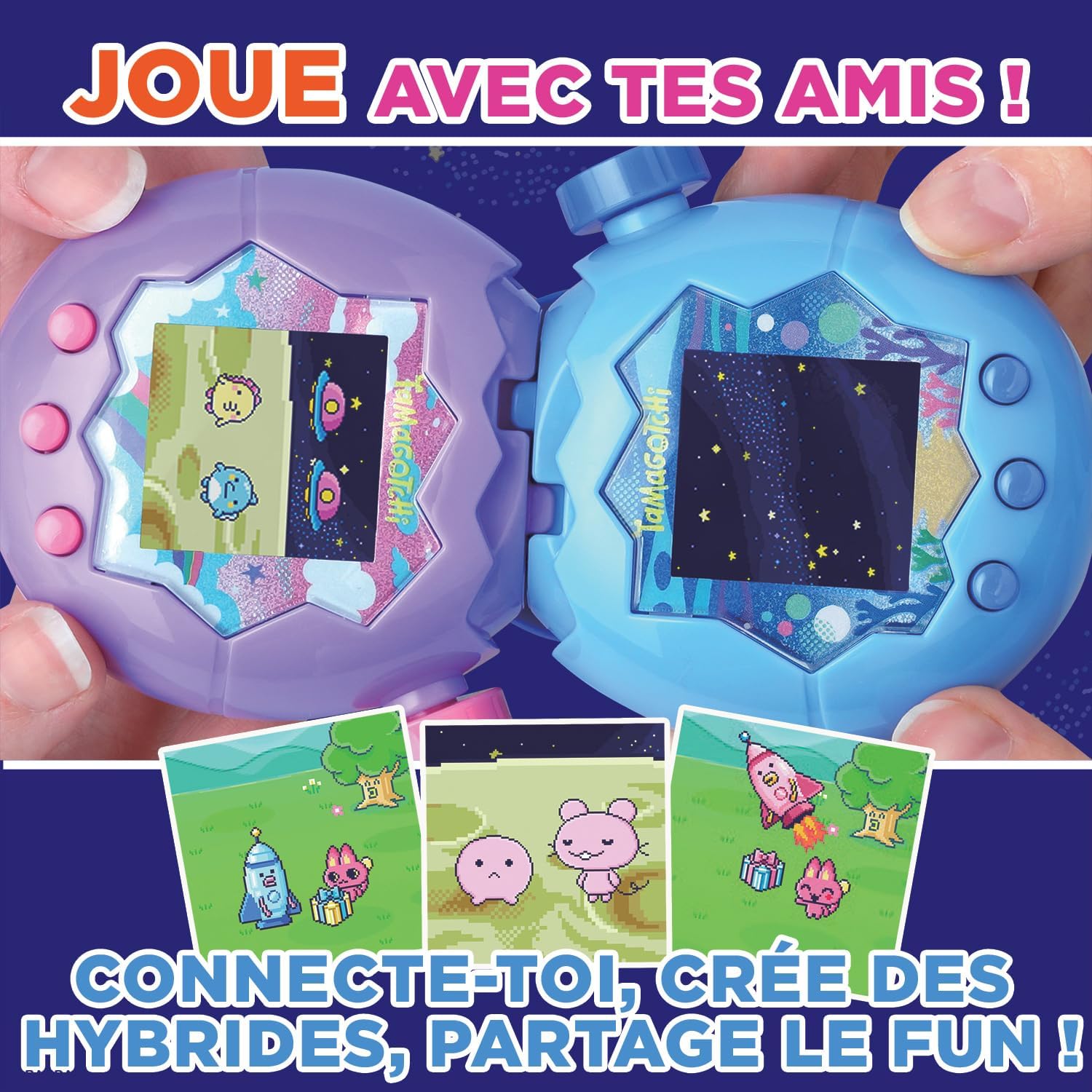 Deux Tamagotchi Paradise, violet et bleu, reliés par le haut pour jouer ensemble
