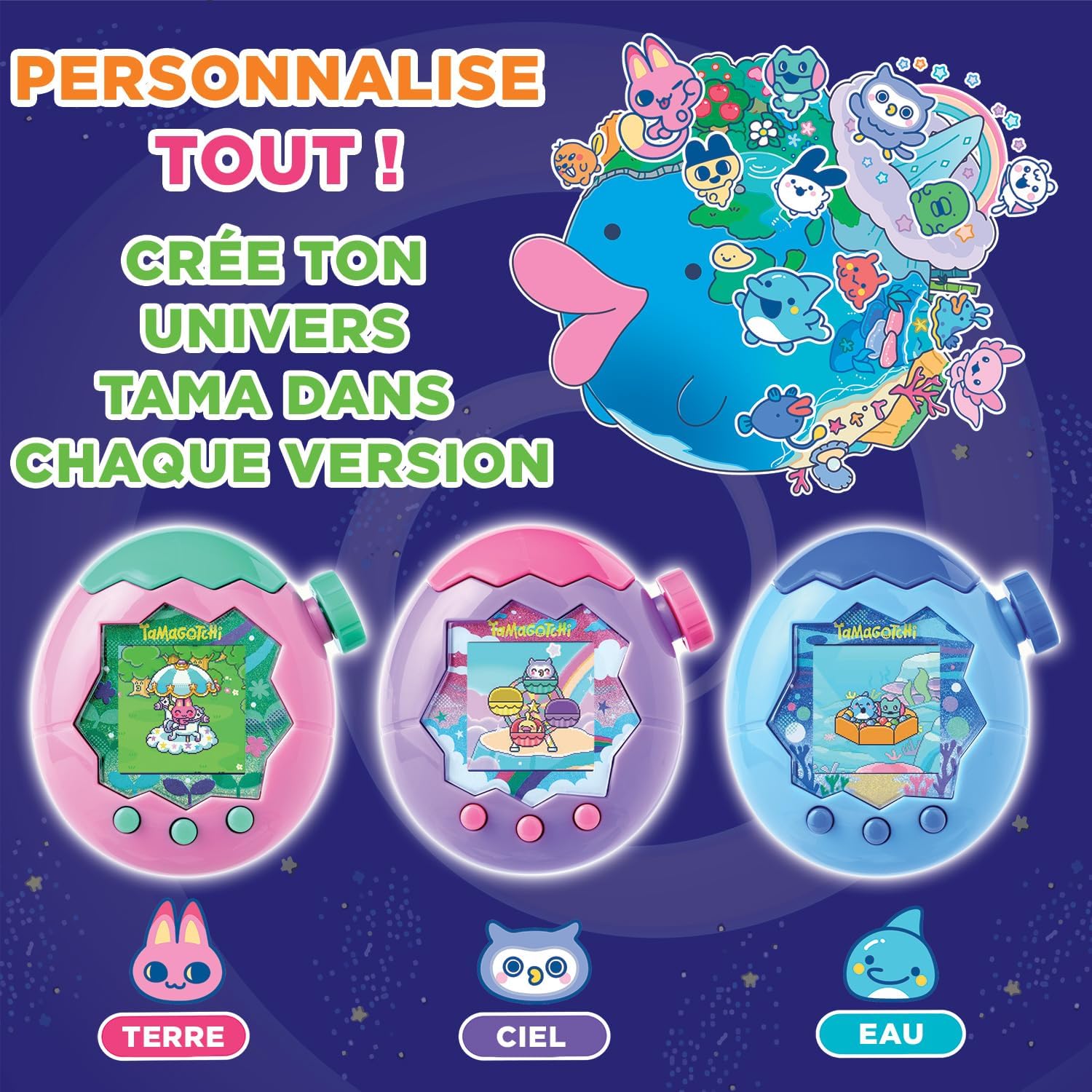 Les trois Tamagotchi Paradise Terre, Ciel et Eau devant une planète illustrée