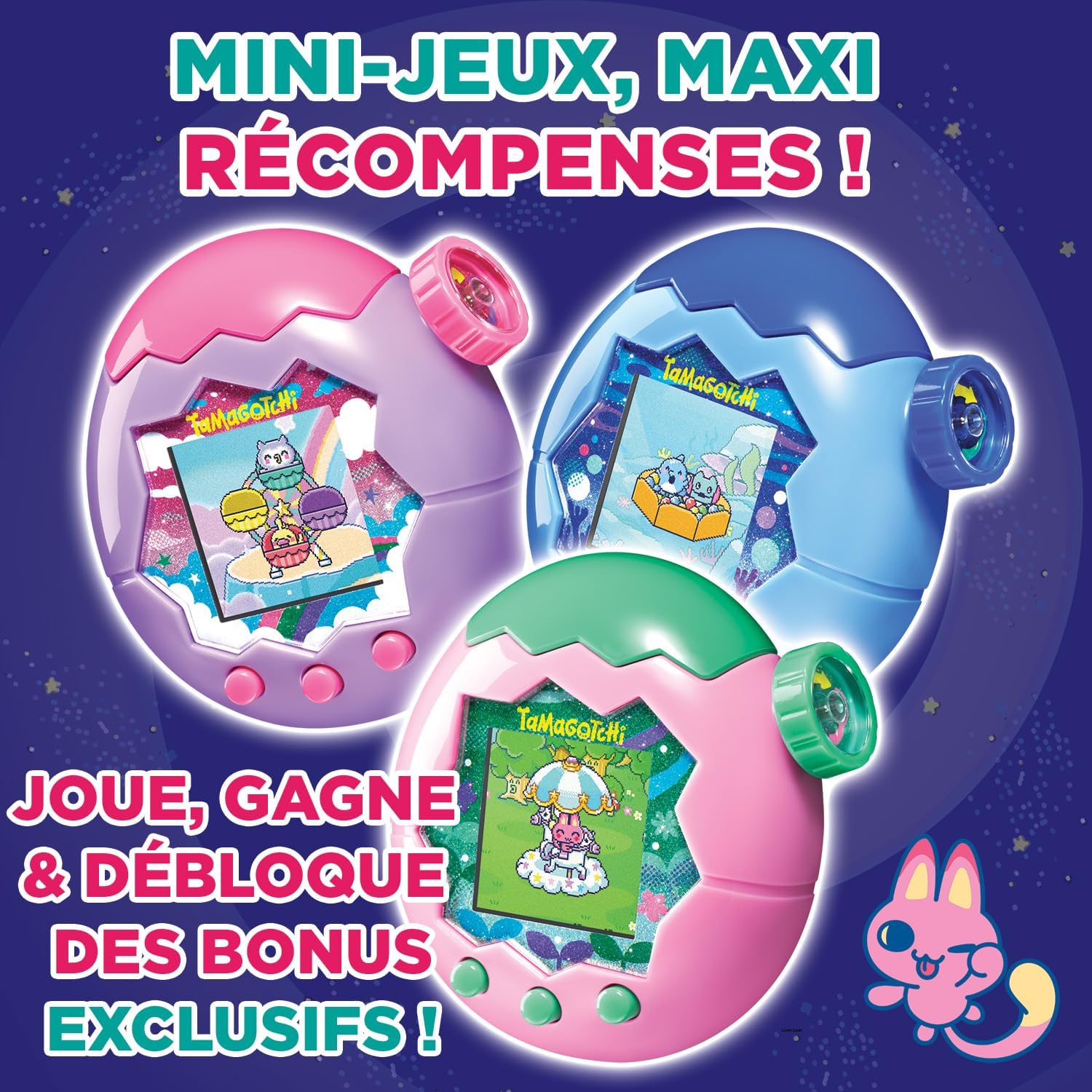 Trois Tamagotchi Paradise violet, bleu et rose, visuel sur les mini-jeux