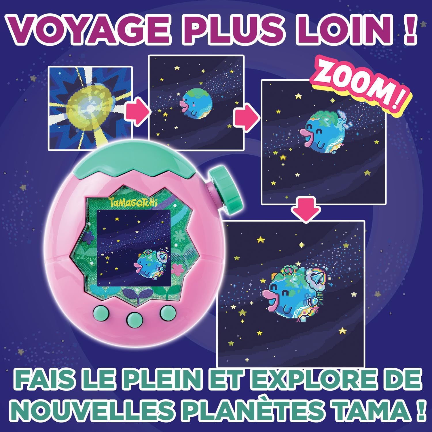 Tamagotchi Paradise rose et vert et vues successives dun zoom vers une planète