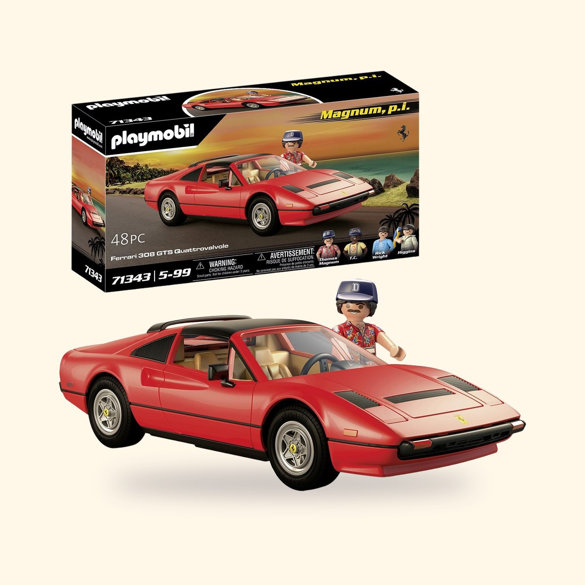 Coffret Playmobil 71343 et Ferrari 308 GTS rouge de Magnum, avec la figurine de Thomas Magnum, sur fond crème