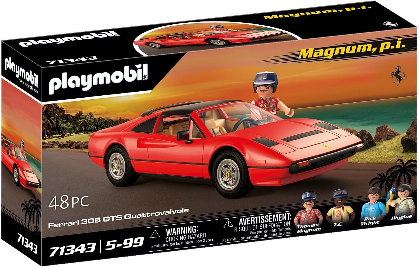 Boîte du coffret Magnum vue de trois quarts : la Ferrari au coucher du soleil, pastille 48 pièces