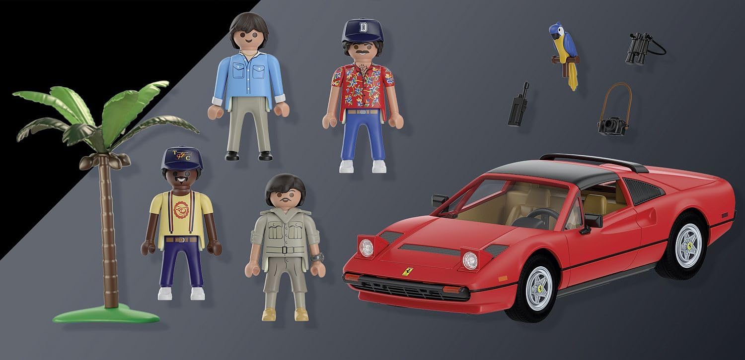 Contenu du coffret : Rick, Magnum, T.C., Higgins, un palmier, un perroquet, trois accessoires et la Ferrari