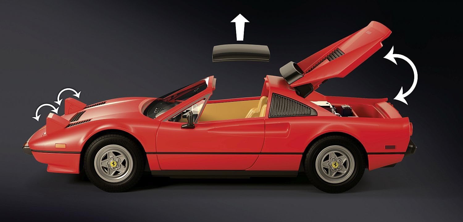 Ferrari vue de profil, toit retiré, capot arrière et phares levés, avec des flèches