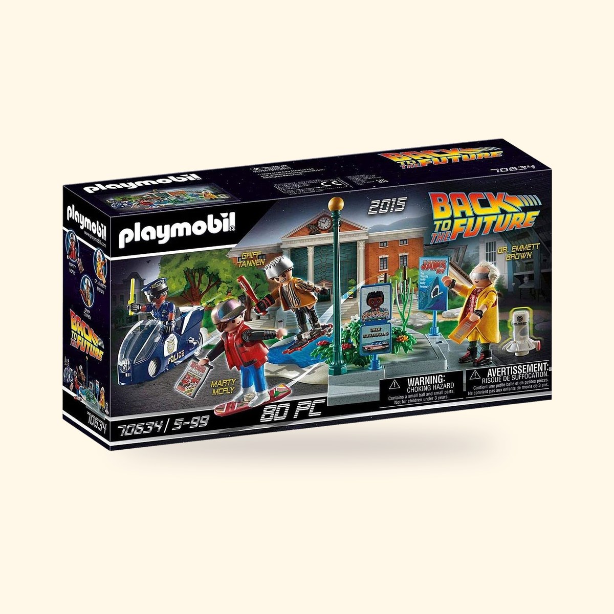 Boîte du coffret Playmobil 70634 Retour vers le futur II, poursuite en hoverboard, sur fond crème