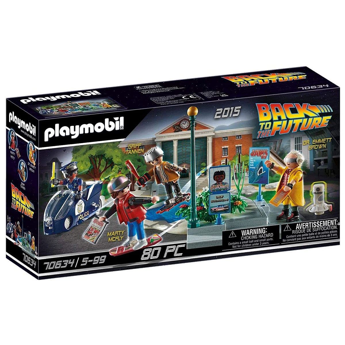 Boîte du coffret Playmobil 70634 vue de trois quarts : la poursuite en hoverboard de 2015, pastille 80 pièces
