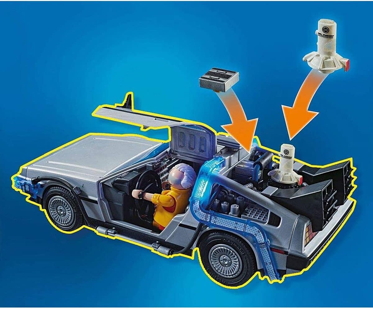 Visuel : le Mr. Fusion et une pièce du coffret se montent sur la DeLorean 70317, vendue séparément