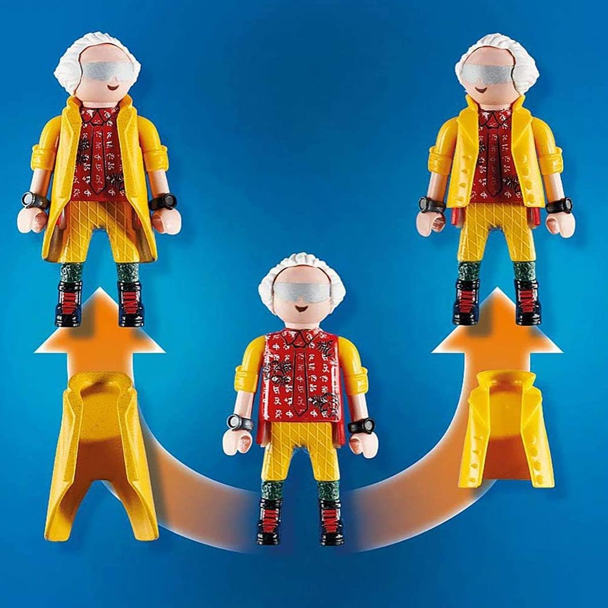 Trois vues de Doc Brown en tenue de 2015, avec des flèches vers le bas de son manteau jaune