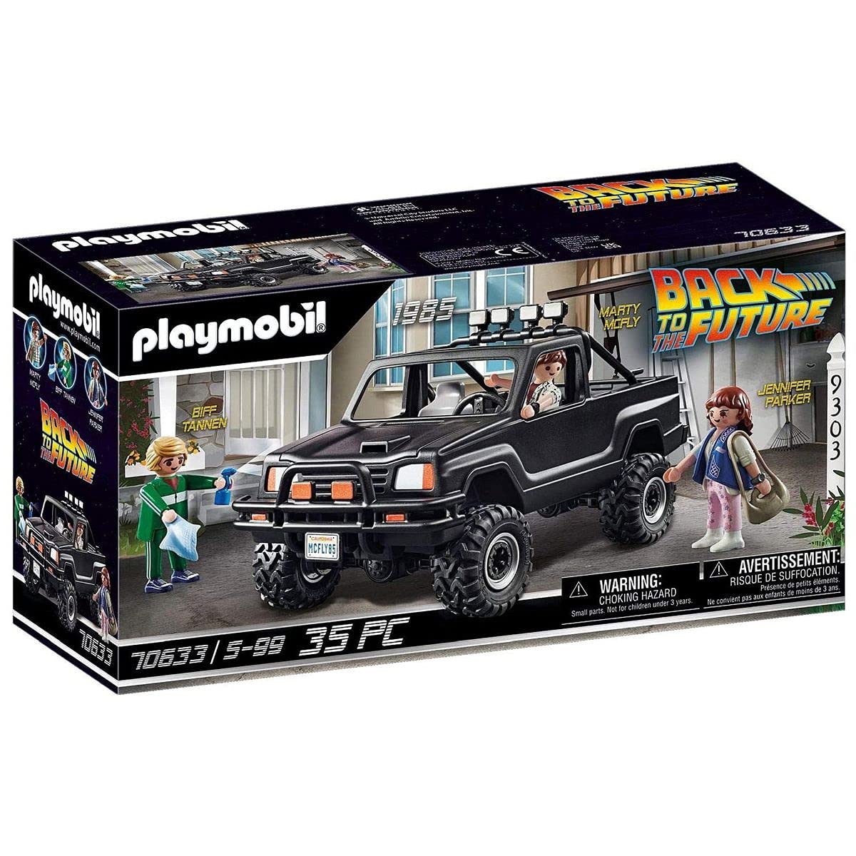 Boîte du coffret Playmobil 70633 : le pick-up de Marty devant un garage, avec Jennifer et Biff, 35 pièces