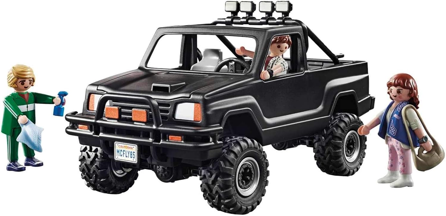 Pick-up noir Playmobil, Marty au volant, Biff et son vaporisateur, Jennifer et son sac, sur fond blanc