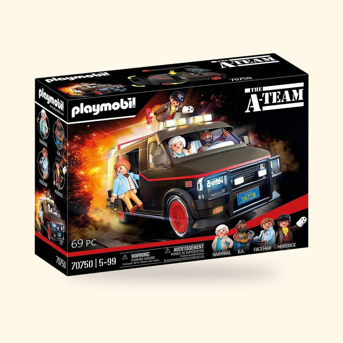 Boîte du coffret Playmobil 70750, le fourgon noir à bande rouge de l'Agence tous risques, sur fond crème