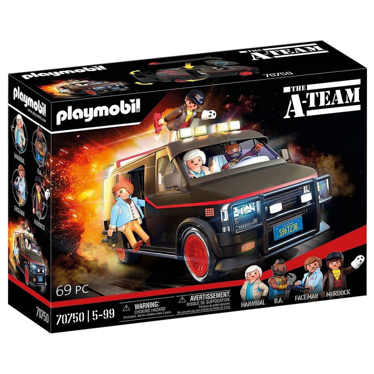 Boîte du coffret Playmobil 70750 vue de trois quarts : le fourgon de lA-Team et ses quatre héros, 69 pièces